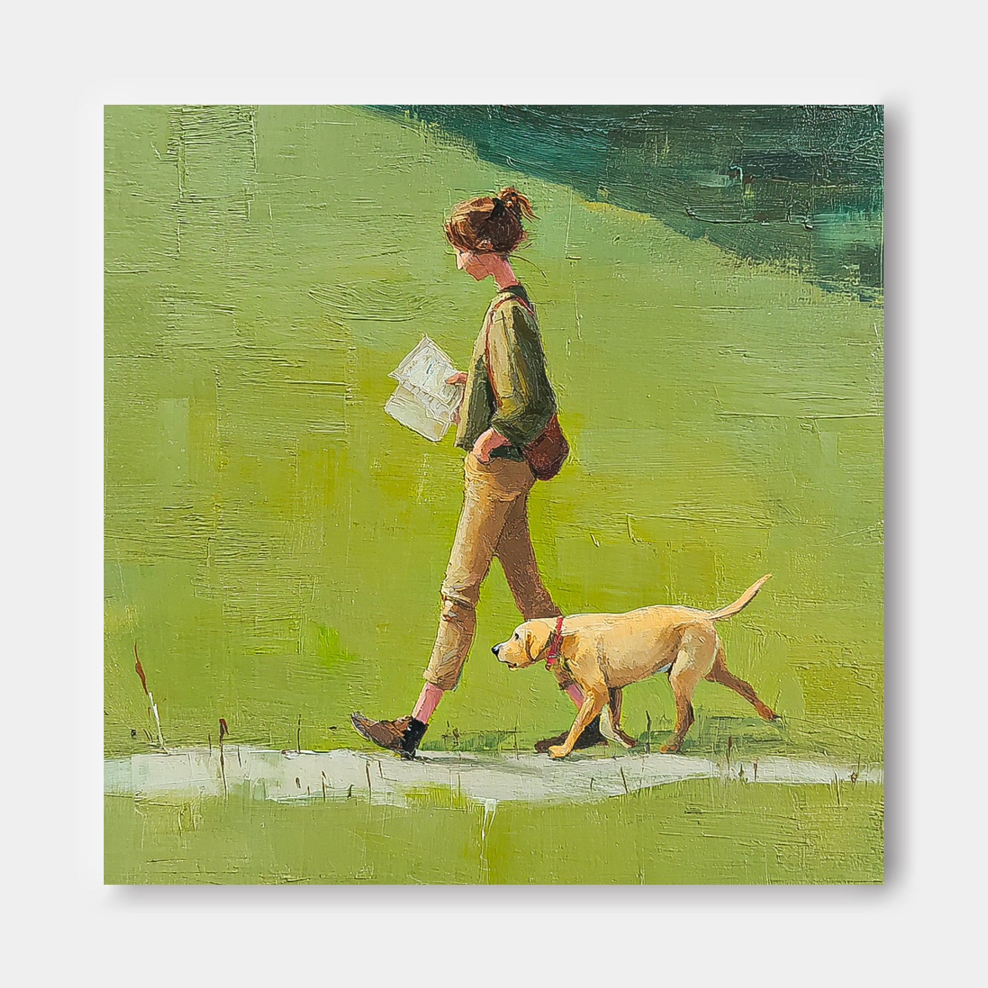 Minimalist Girl Walking The Dog Painting Abstract Warm And Peaceful atmosphere Landscape Green Grassland Wall Art