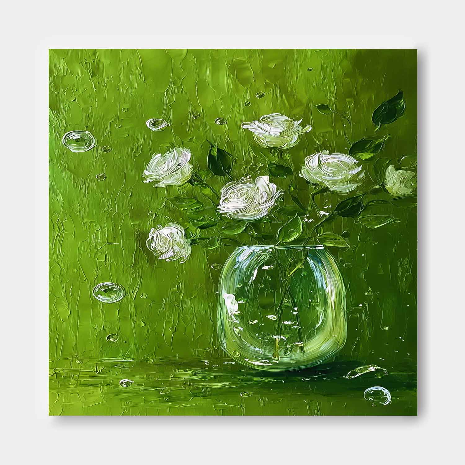 Modern Fresh Green & White Square Floral Canvas Textured Rose Oil Painting Healing Aesthetic Still Life Decor
