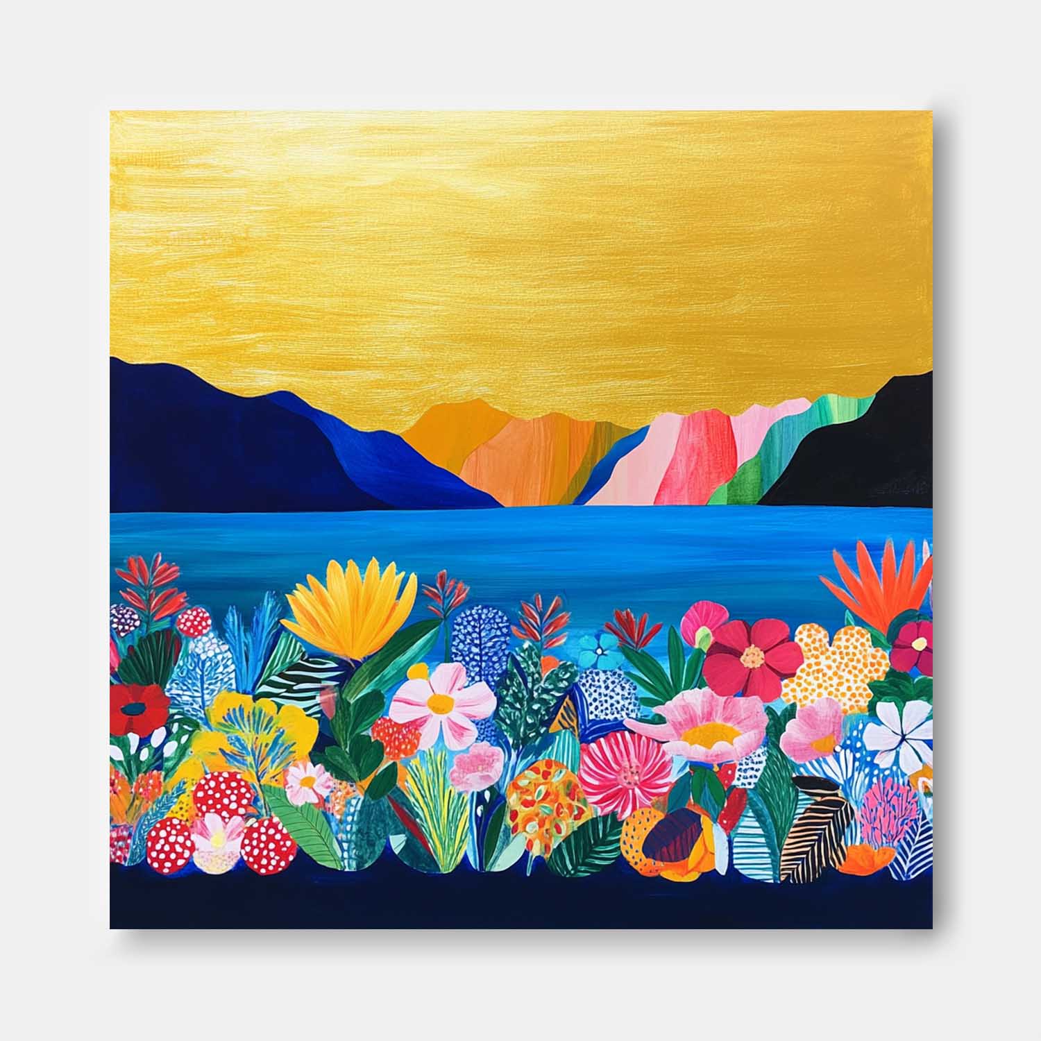 Floral Painting on Canvas Large Illustration style Wall Art Original Flower Bush Botanical Square Artwork