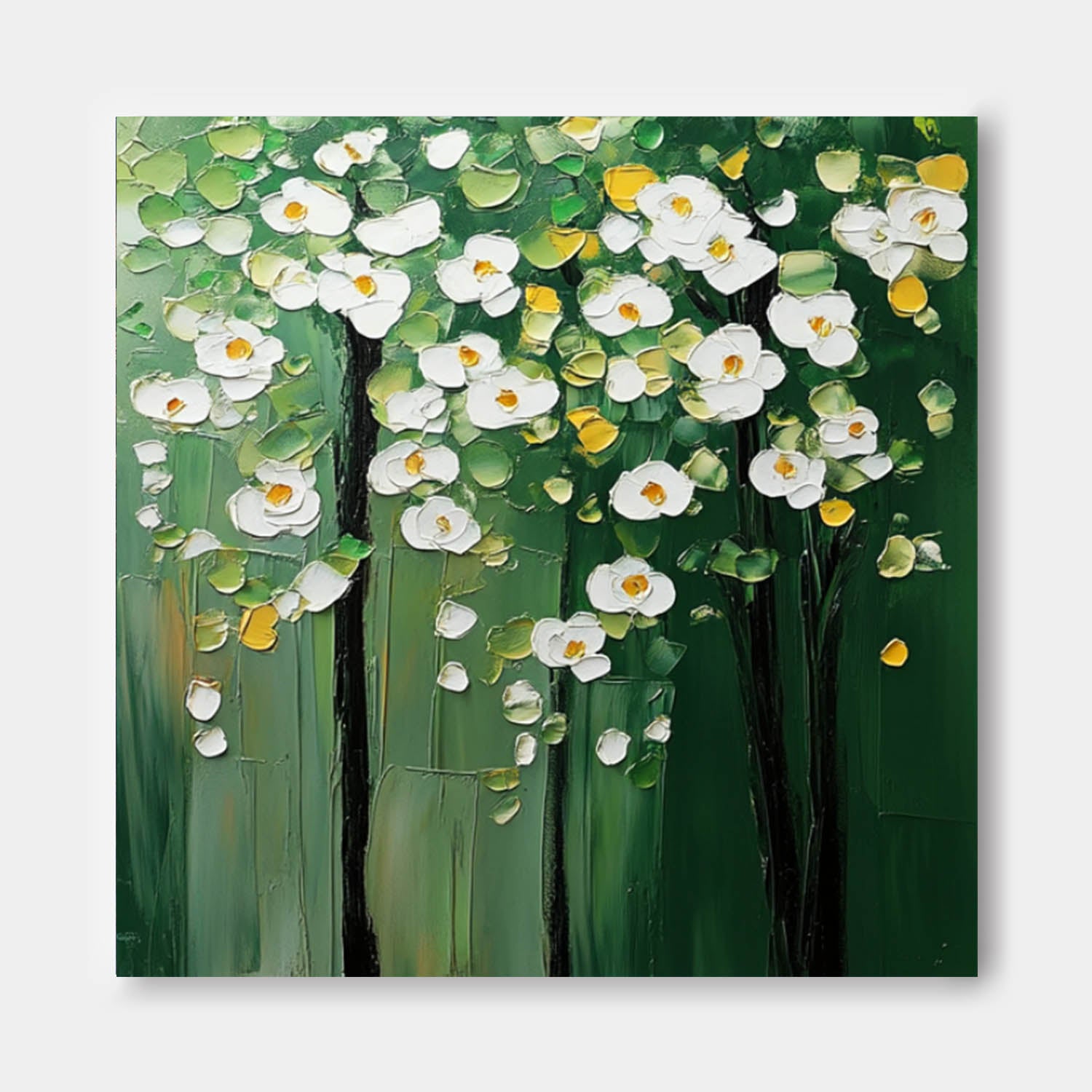 Modern White Floral Wall Art Original Green Beautifu Art Large Textured Flower Painting Framed Home Decor