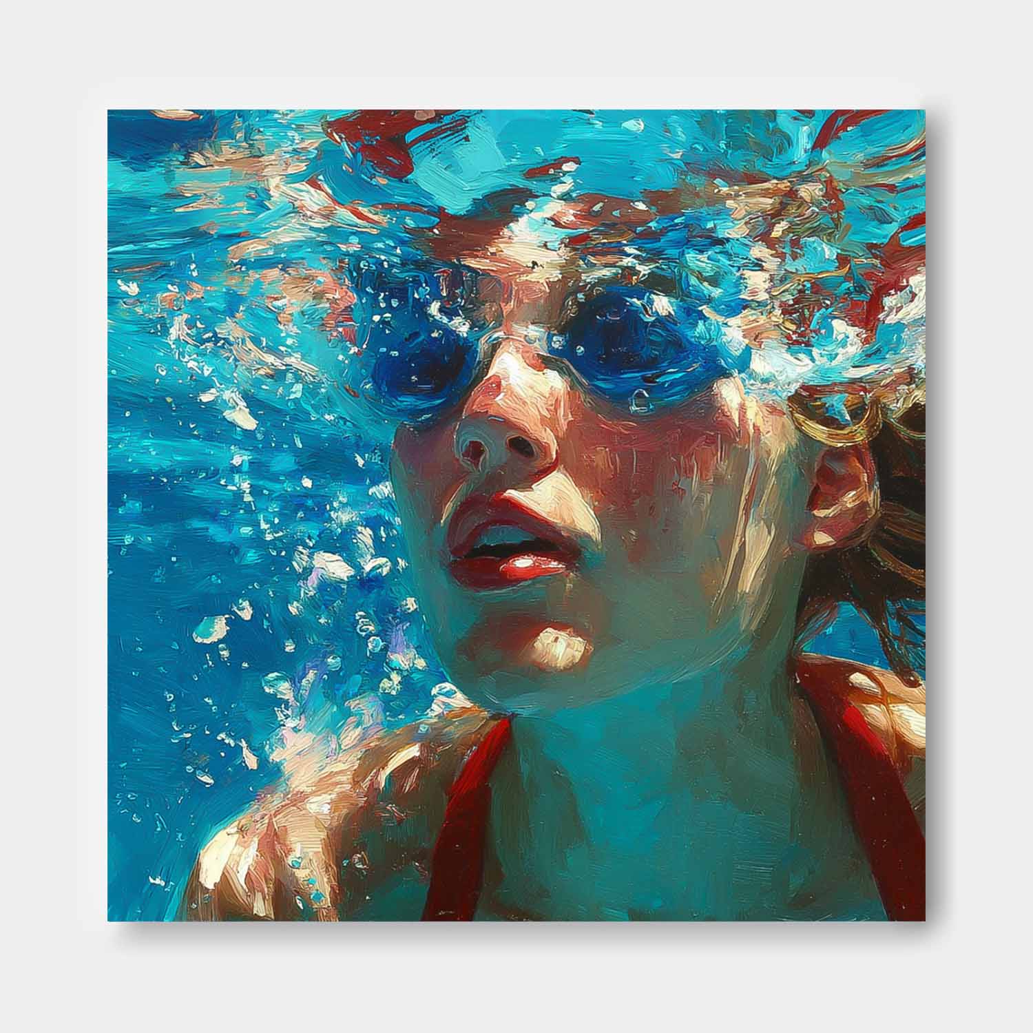 Original Woman swimming Wall Art Lady Artwork Square Diving In Ocean Girl Acrylic Painting Home Decor