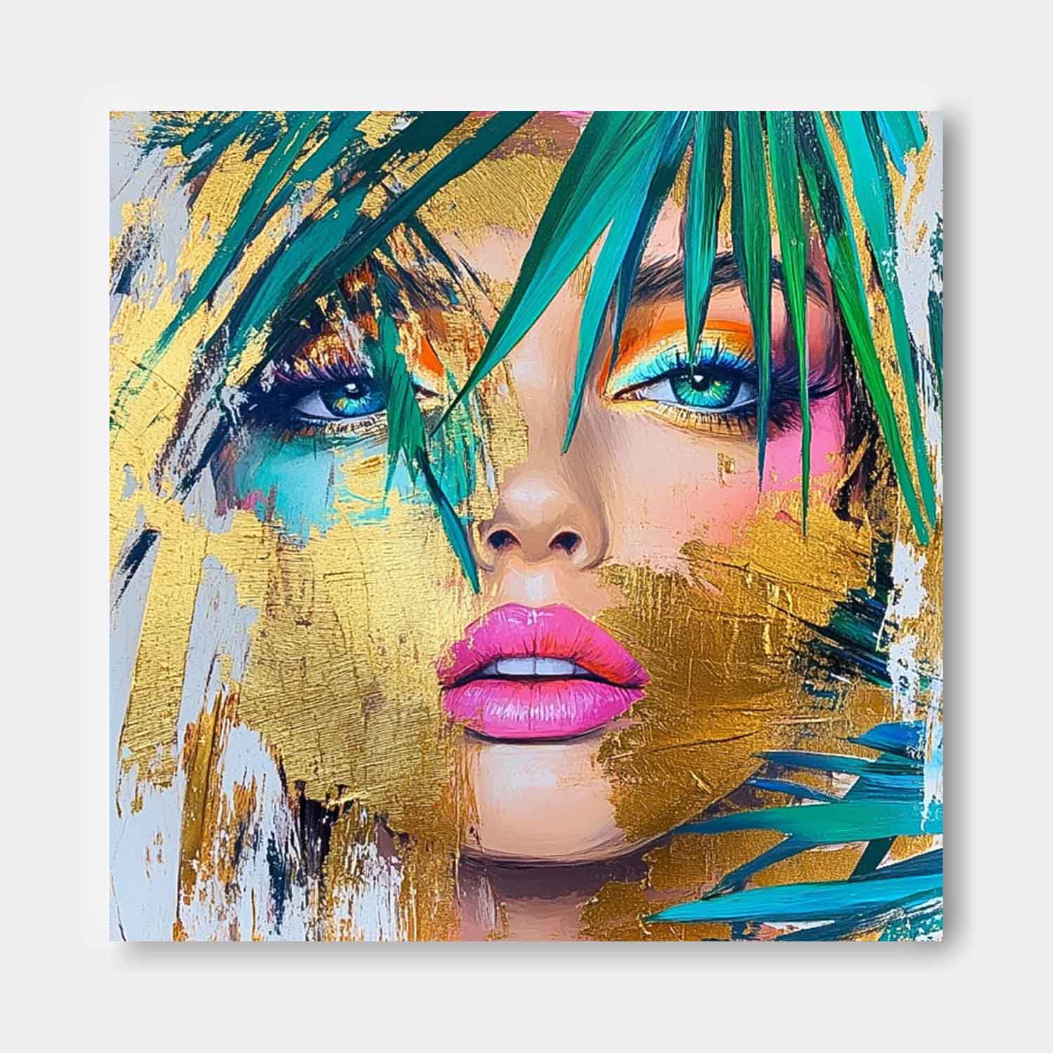 Origina Lady Face Acrylic Painting Canvas Gold Girl Abstract Wall Art Square Large Portrait Artwork