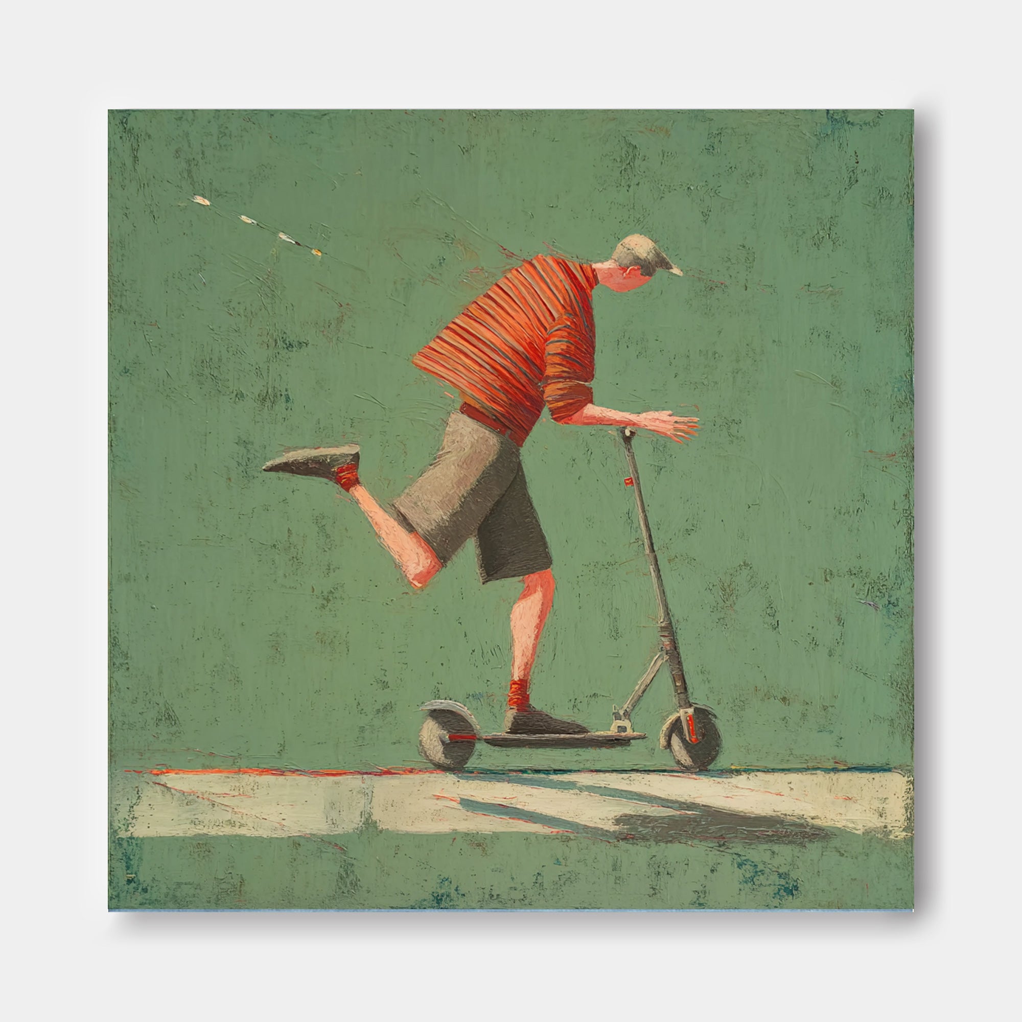Landscape Green Wall Art Abstract Warm And Peaceful Atmosphere Minimalist Boy Riding A Scooter Painting
