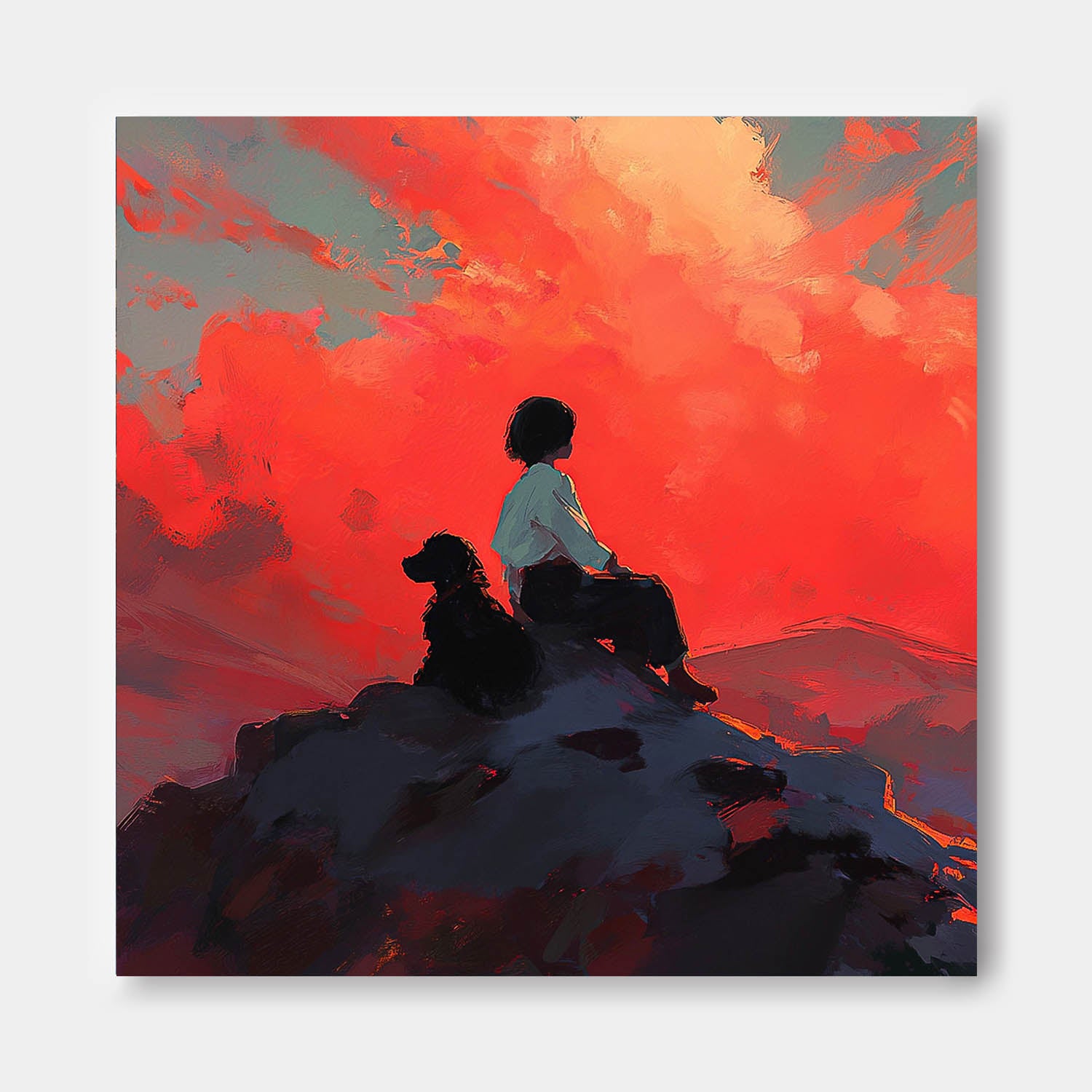 Vibrant Red Clouds Abstract Wall Art Modern Illustration Of Friendship Canvas Emotional Landscape Artwork