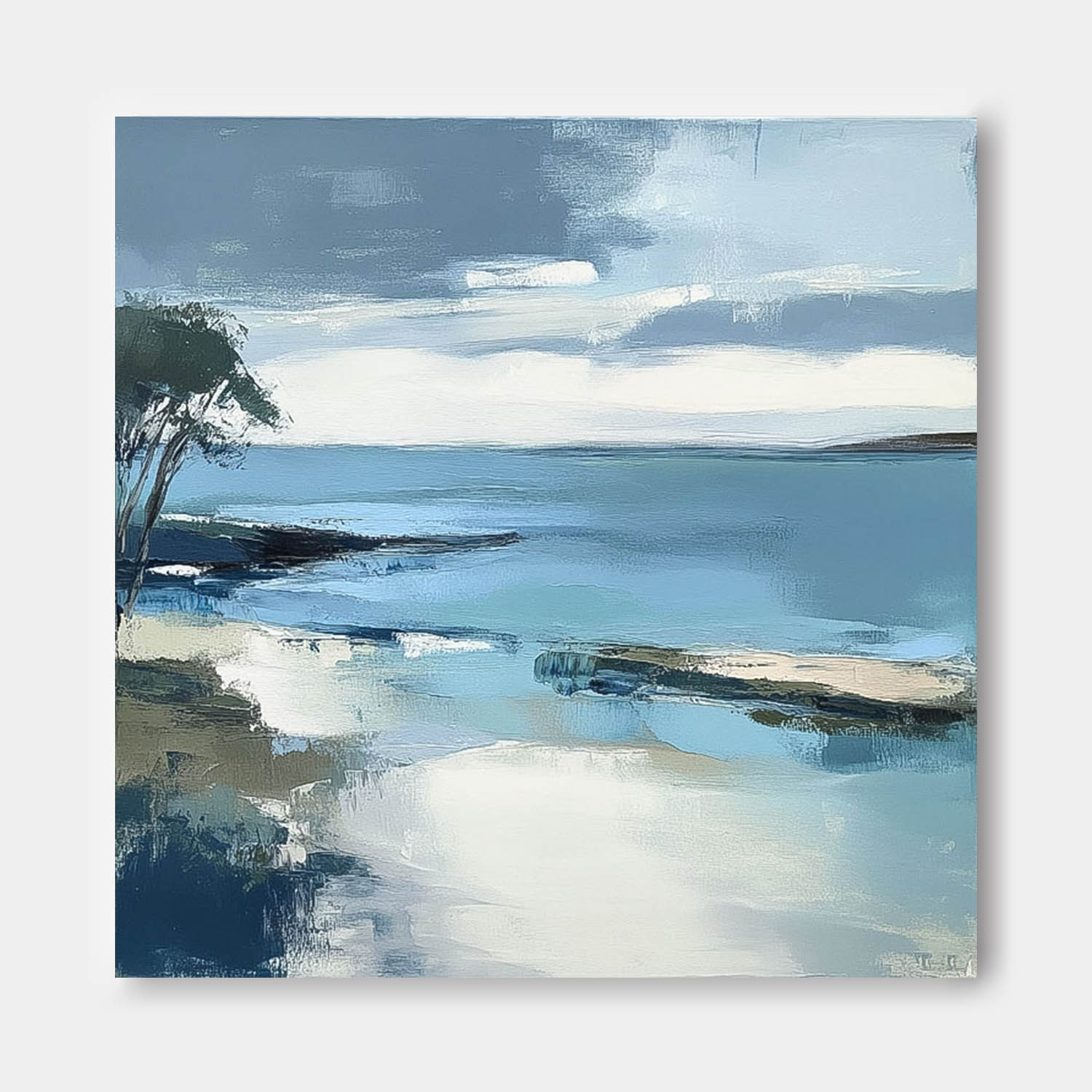 Large Blue Texture Wall Art Seaside Landscape Artwork Abstract Offing Scenery Oil Painting Framed Home Decor