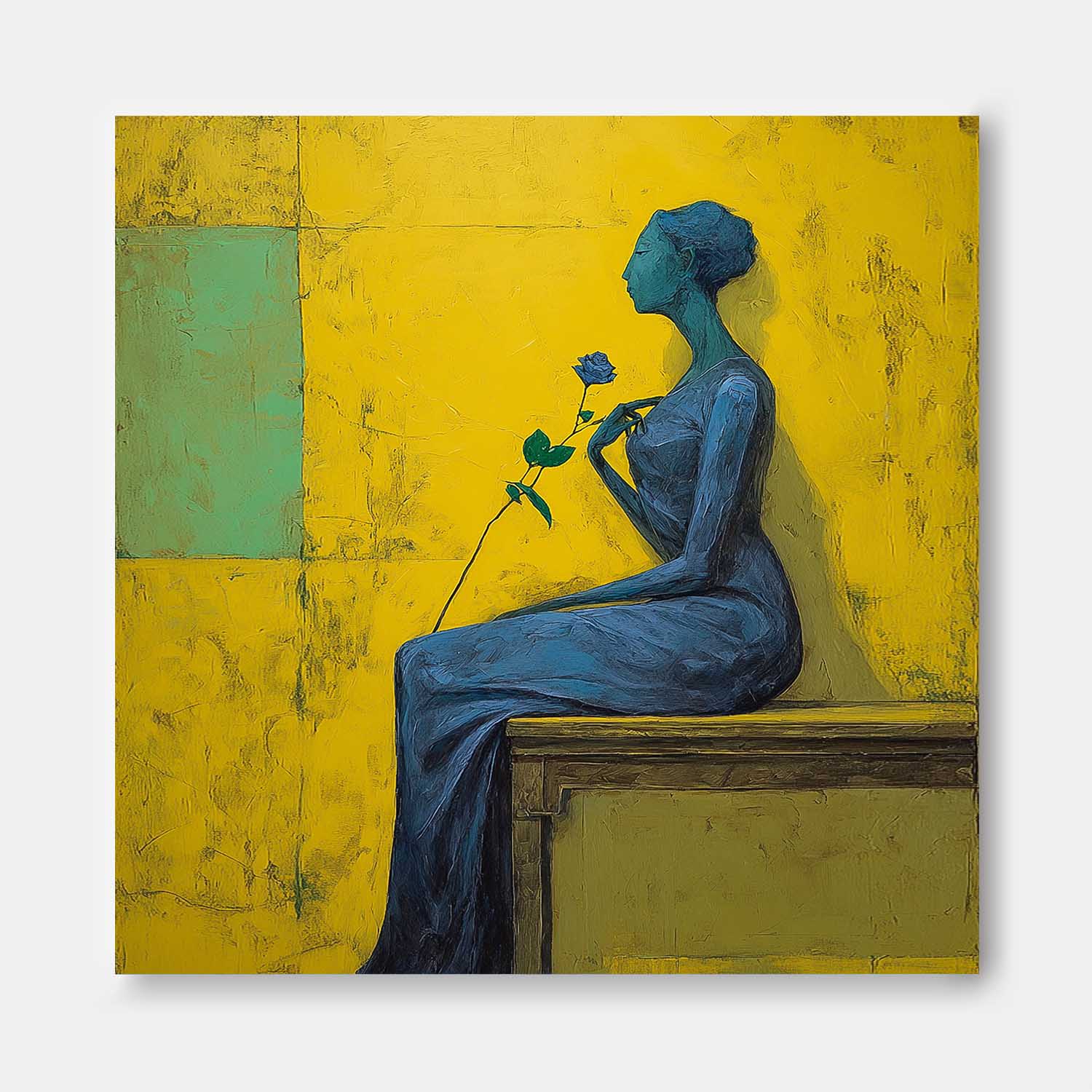 Modern Square Abstract Portrait Painting Elegant Woman In Blue With Rose Yellow & Green Geometric Wall Art