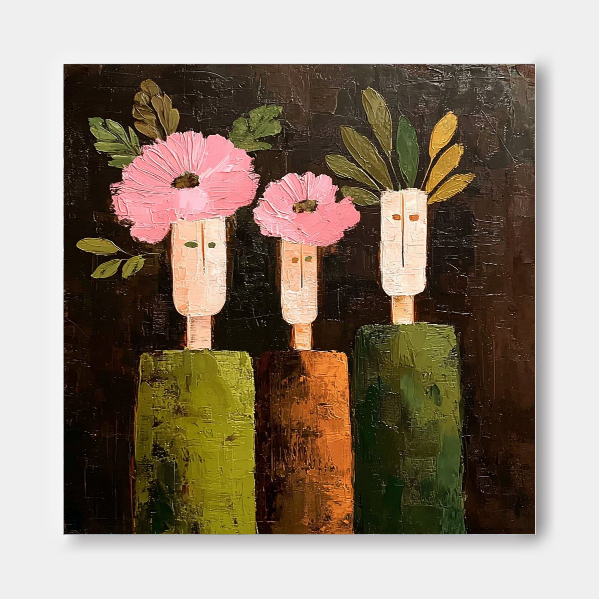 Modern Pink Flowers & Geometric Green Figures Contemporary Wall Art Abstract Floral Oil Painting Canvas