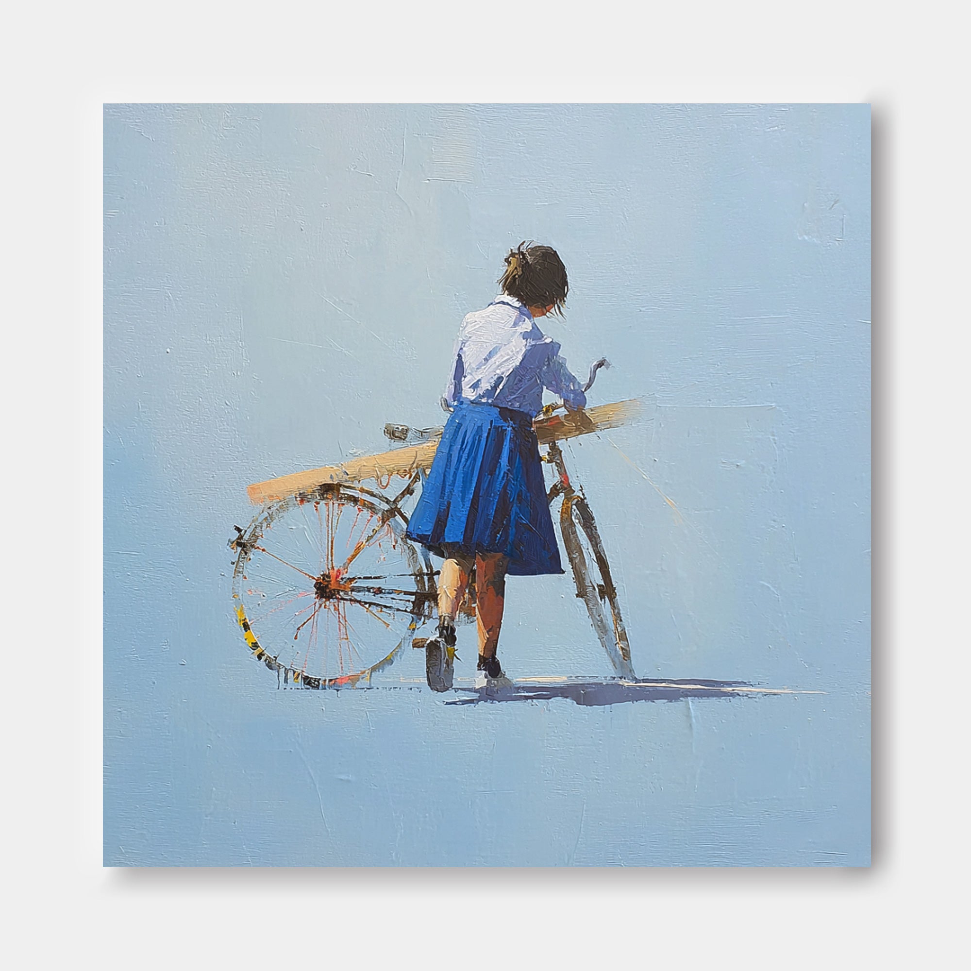 Minimalist Girl Riding A Bicycle Painting Blue Wall Art Abstract Warm atmosphere Art For Living Room