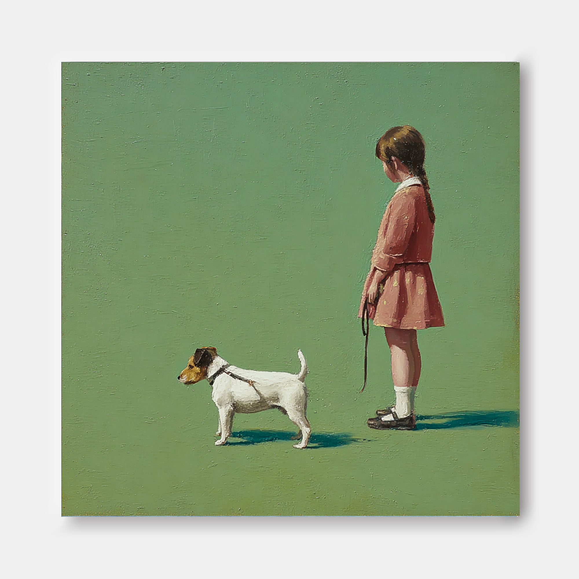 Minimalist Girl Walking The Dog Painting Green Grassland Wall Art Abstract Warm And Peaceful atmosphere