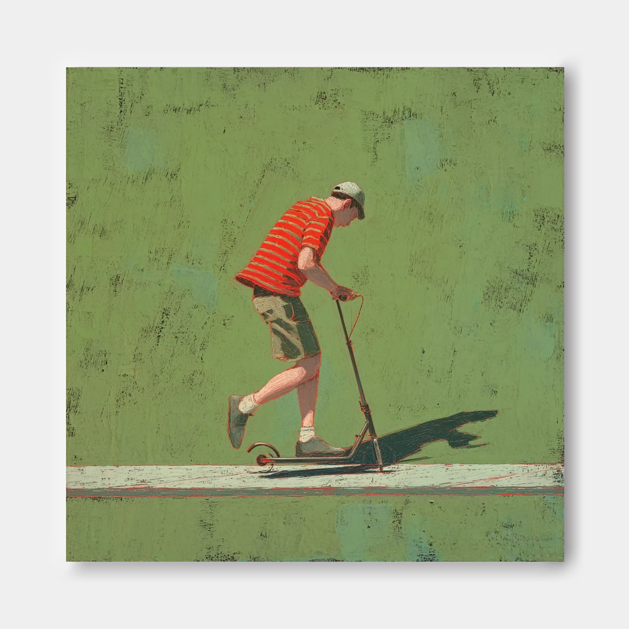 Abstract Warm And Peaceful Atmosphere Landscape Green Wall Art Minimalist Boy Riding A Scooter Painting