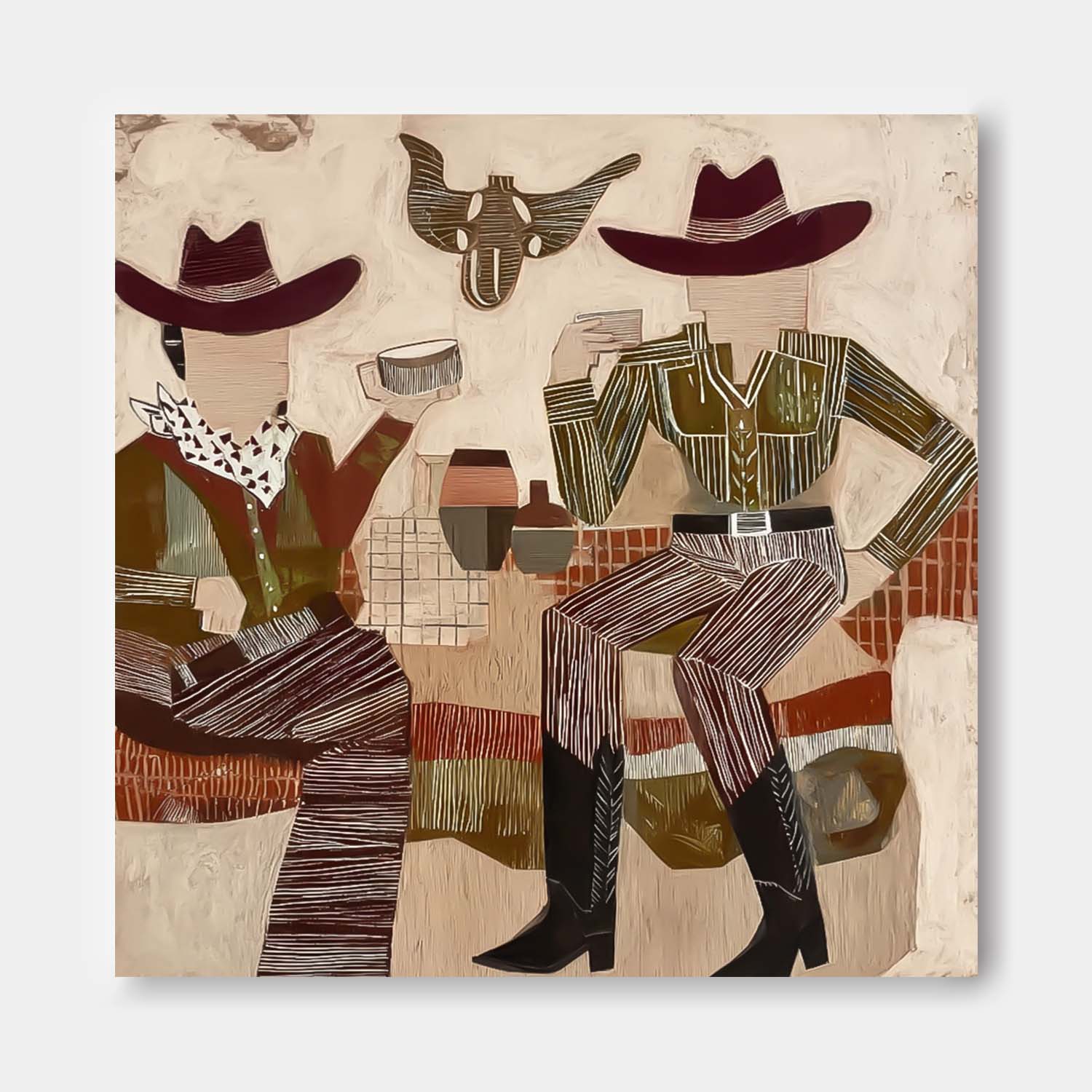 Western Cowboy Oil Painting Rustic Wall Art For Living Room/Bar/Ranch Handpainted Two Cowboys Bull Head Design