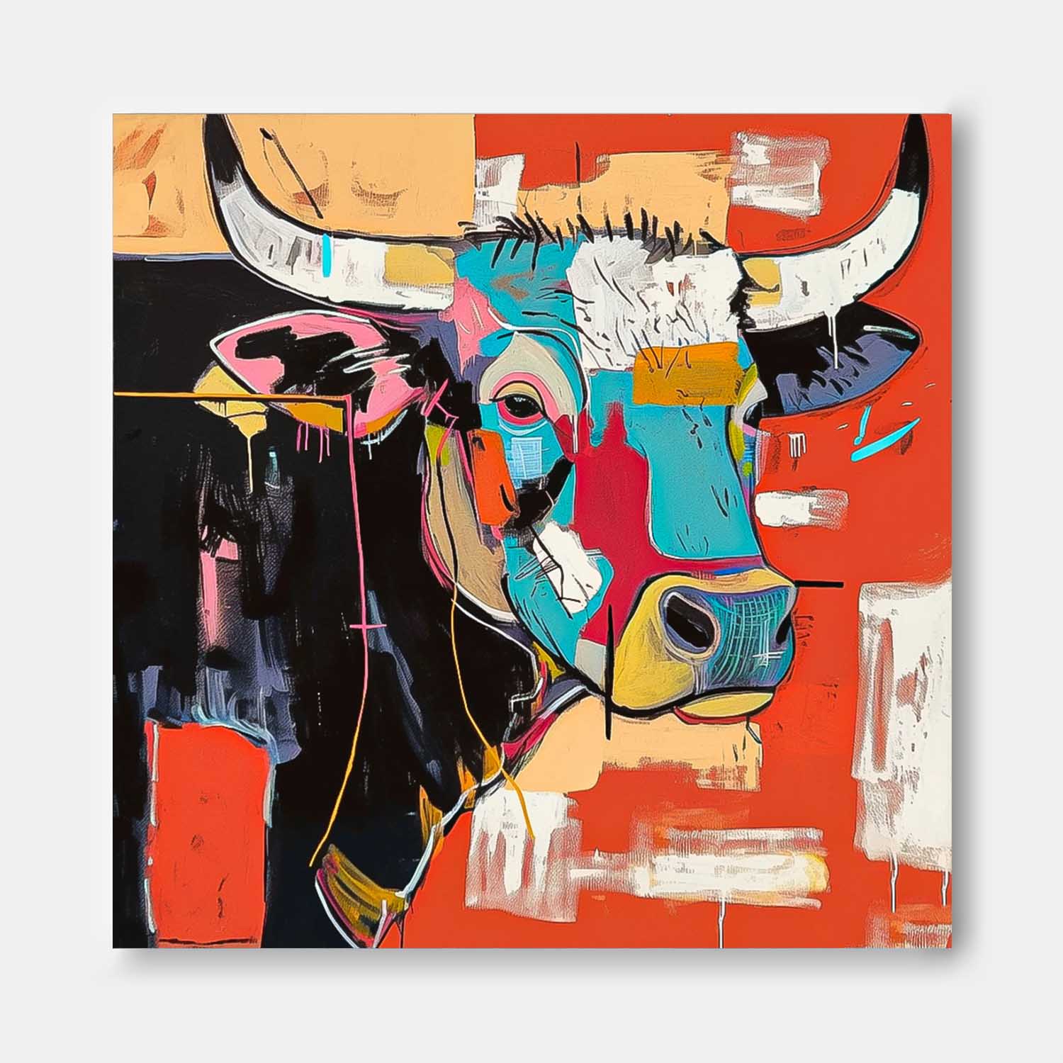 Square Ox Oil Painting Canvas Original Lovely Cow Wall Art Large Colorful Animal Artwork Home Decor