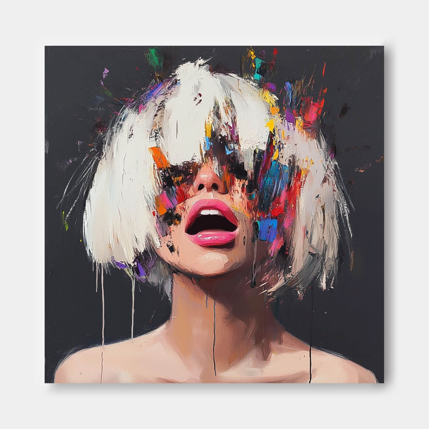 Beautiful Lady Abstract Wall Art Square Large Short Hair Girl Portrait Artwork Origina Acrylic Painting Canvas