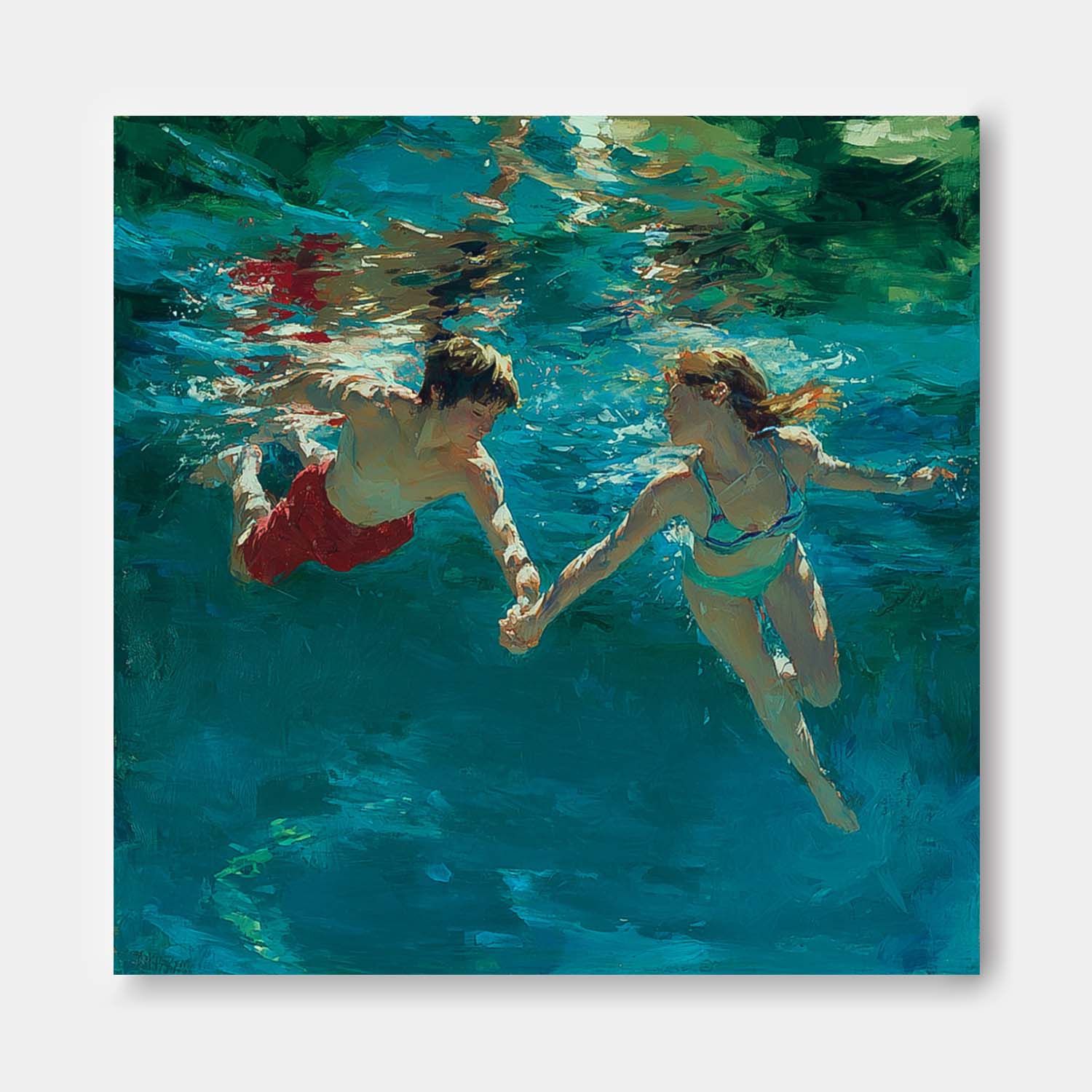 Two People Artwork Square Diving In Ocean Acrylic Painting Original swimming Wall Art For Living Room