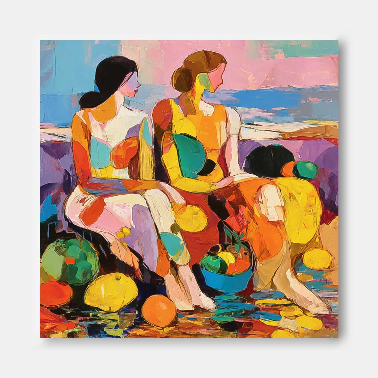 Large Colorful Abstract Women Painting Square Fruit Still Life Wall Art Original Figure Artwork