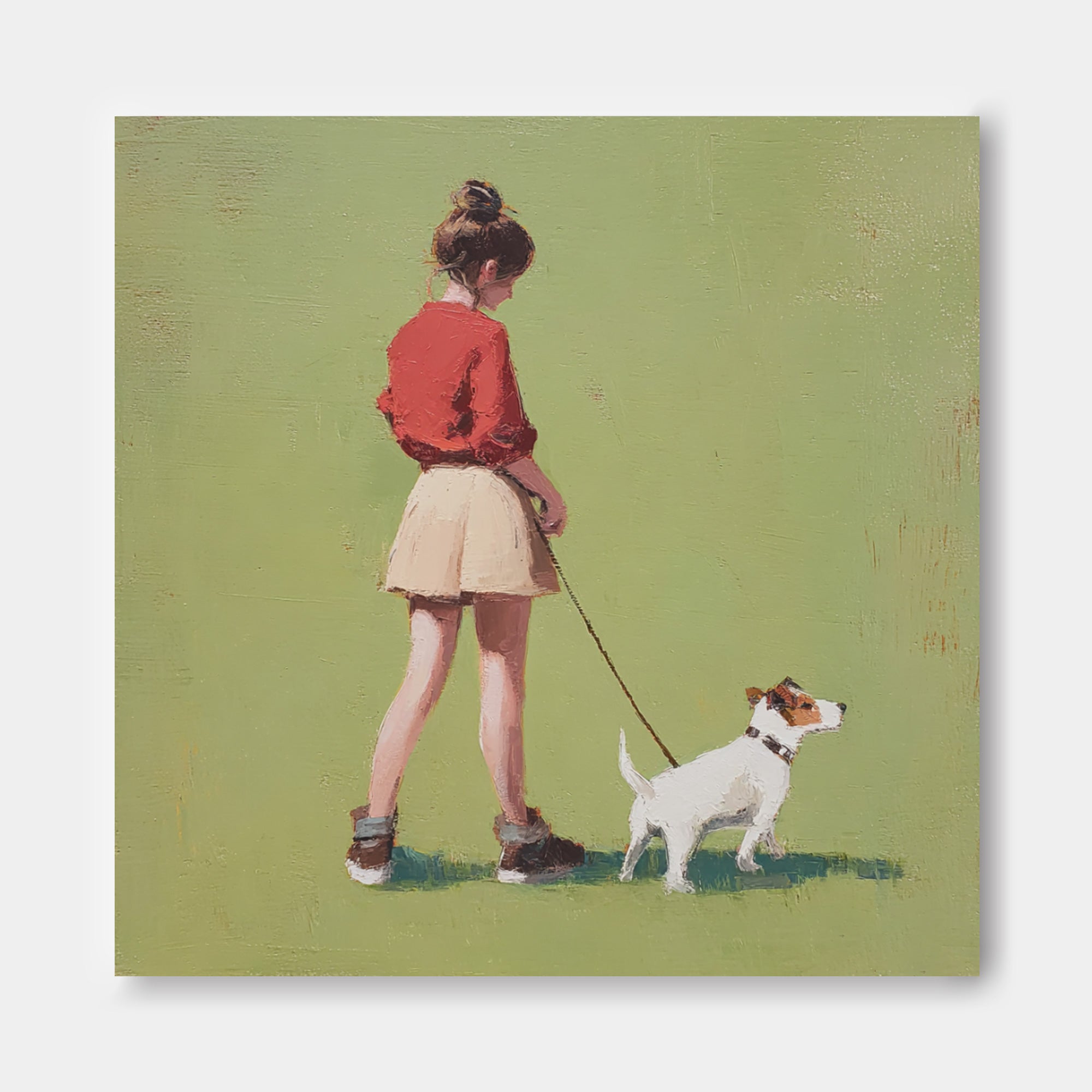 Green Grassland Wall Art Minimalist Girl Walking The Dog Painting Abstract Warm And Peaceful atmosphere