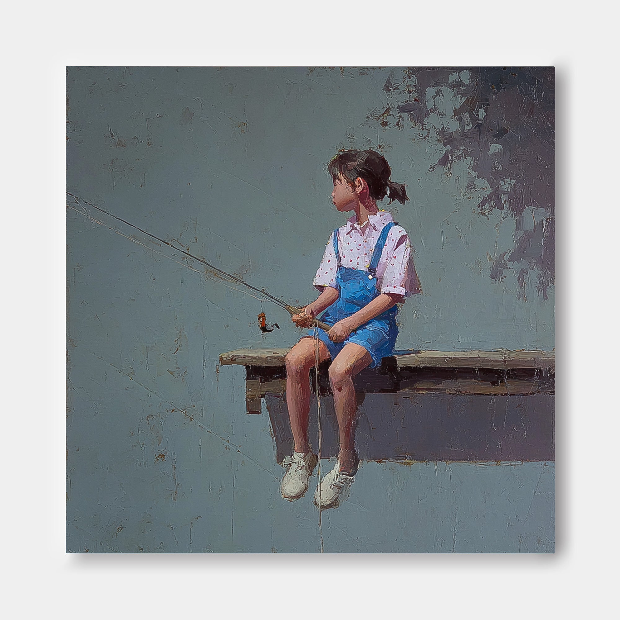 Abstract Warm atmosphere Art Original Grey Wall Art Minimalist Girl Fishing Painting For Living Room