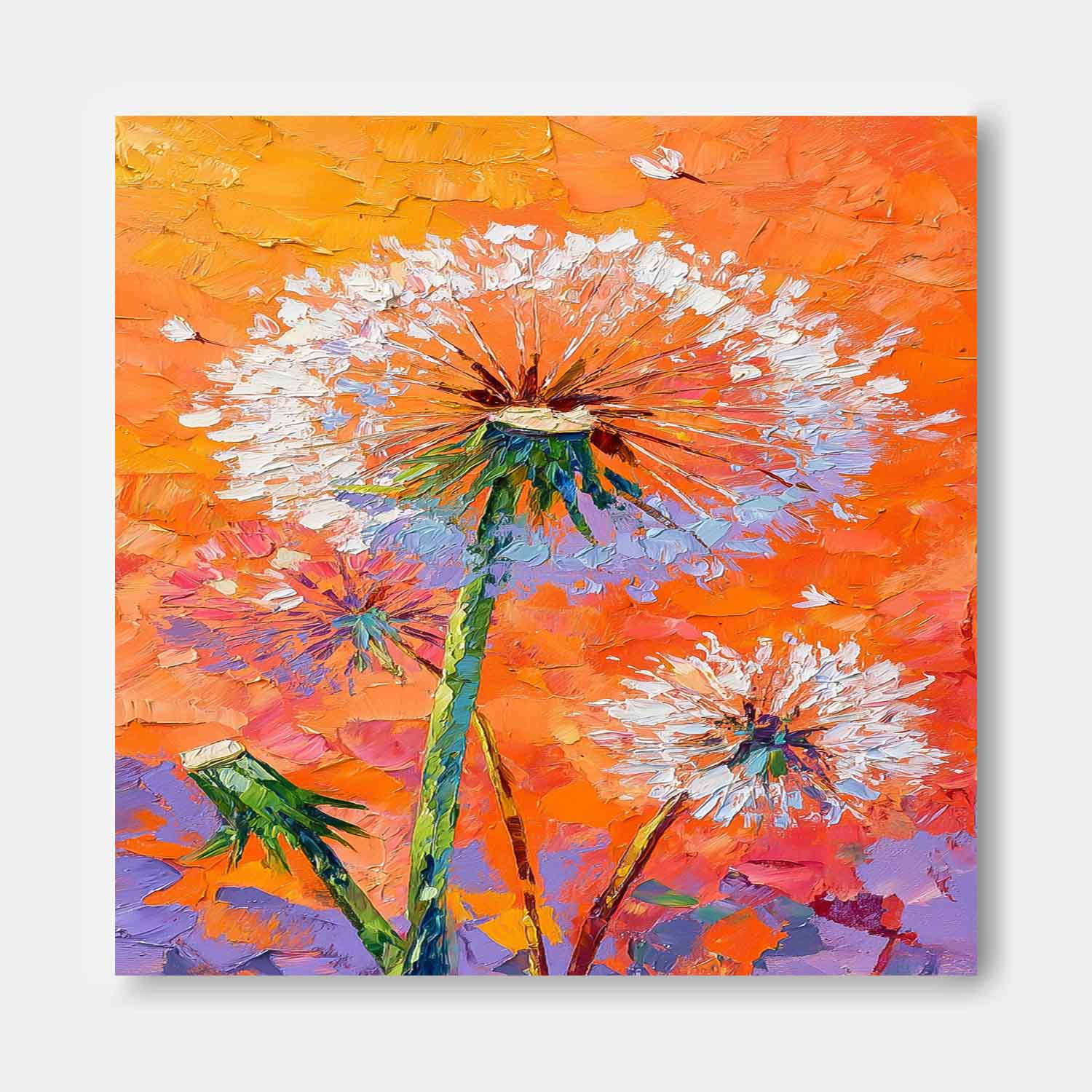 Square Heavy Impasto Dandelion Painting 3D Palette Knife Floral Art Modern Vibrant Orange Dandelion Artwork