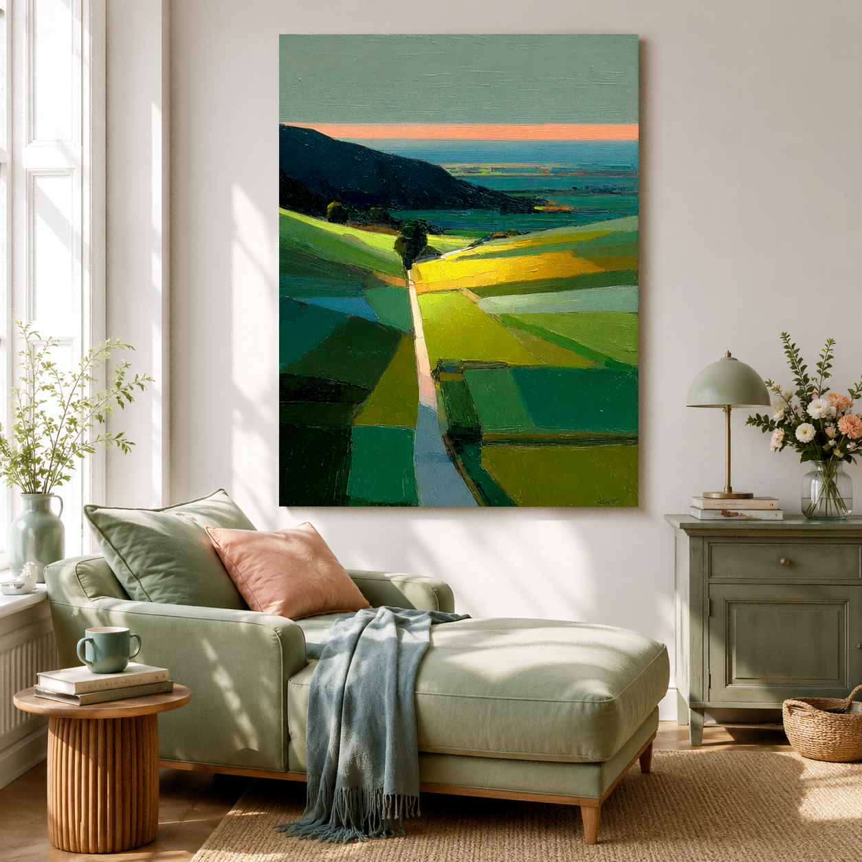 Modern Minimalist Landscape Painting Green Hills Abstract Art For Living Room