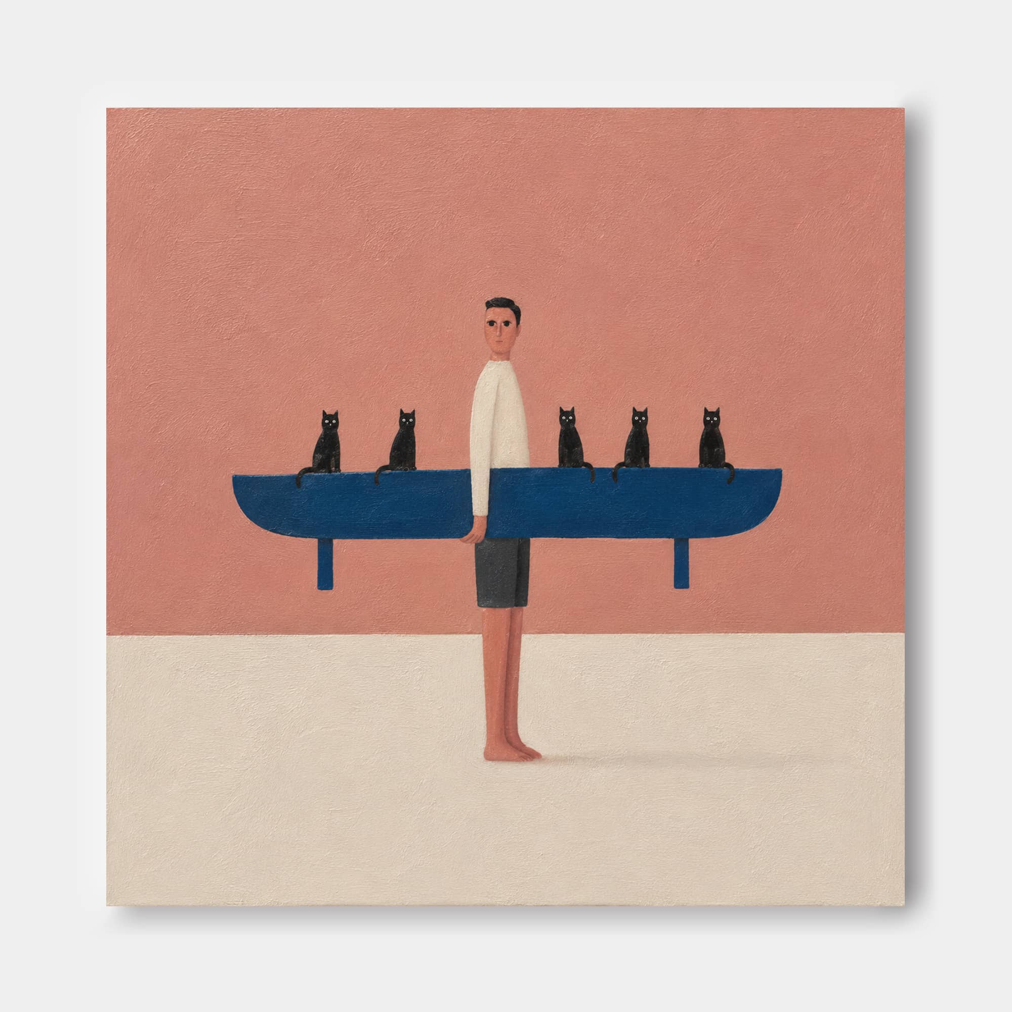 Man With Surfboard And Cats Abstract Canvas Painting In Pink And Blue Playful Pink And Blue Wall Art For Modern Living Room Or Bedroom Decor