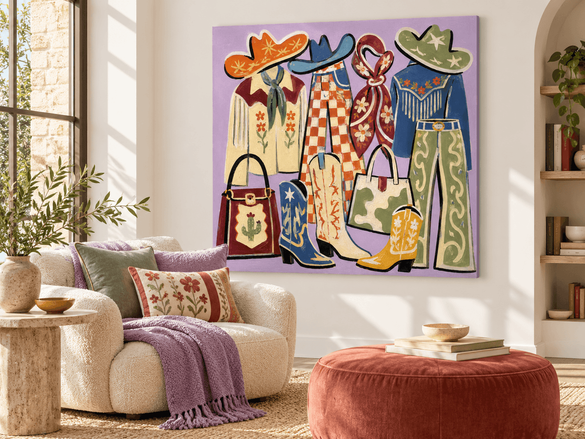 Vintage Pop Art Canvas Painting Of Cowboy Outfits In Purple Tone Handmade Original Wall Decor