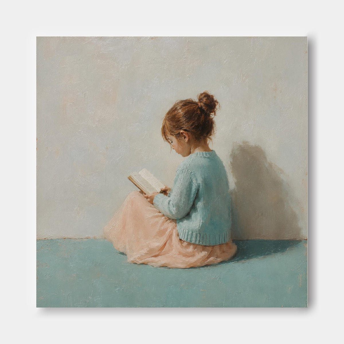 Girl Reading Book Hand-Painted Canvas Art With Blue Sweater And Gray Wall