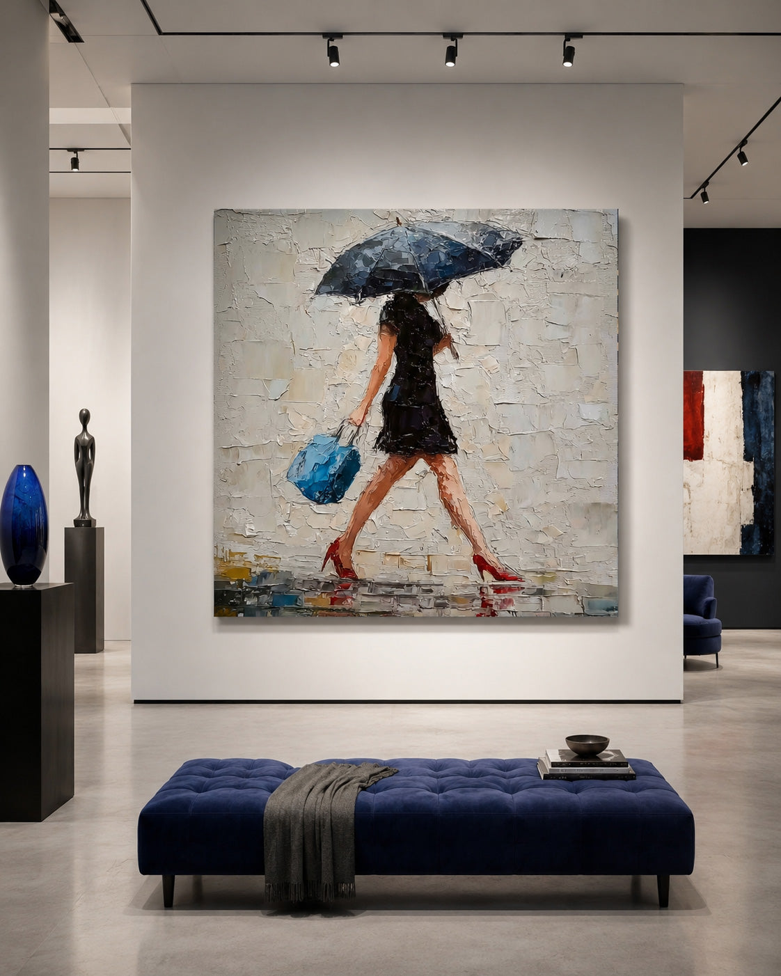 Rainy Day Romance Abstract Figure Painting Red Heels And Blue Bag Square Wall Art