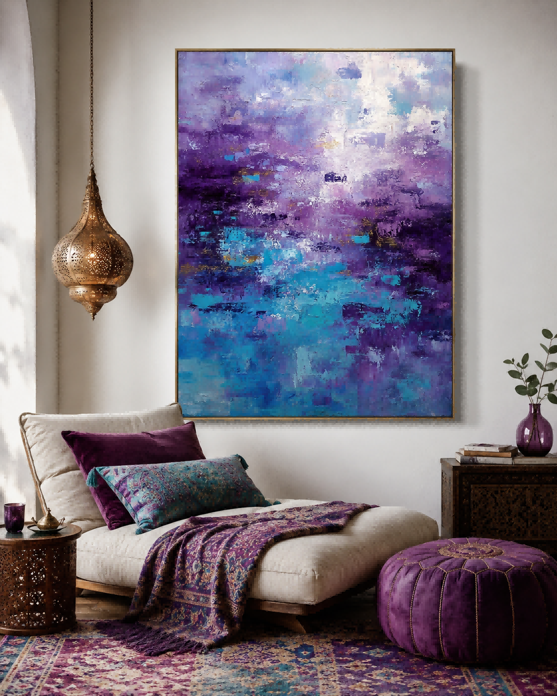 Large Abstract Purple Blue Painting With Textured Brushstrokes For Modern Home Decor