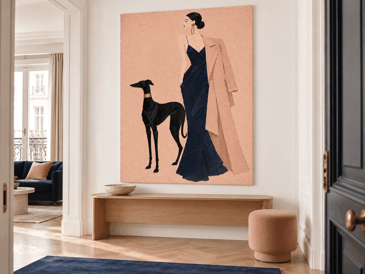 Hand-Painted Woman With Dog Canvas Art In Navy And Pink