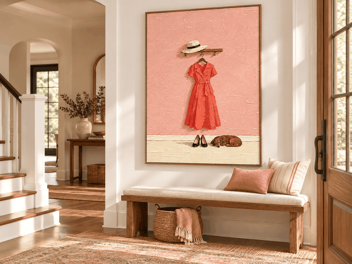 Red Dress And Dachshund Hand-Painted Canvas Art With Textured Pink Wall
