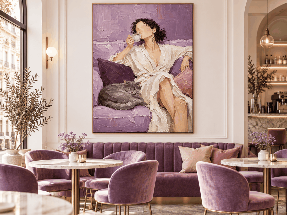 Impressionist Textured Art Vintage Style Purple Canvas Painting Woman With Cat Coffee Hand-Painted Canvas Art