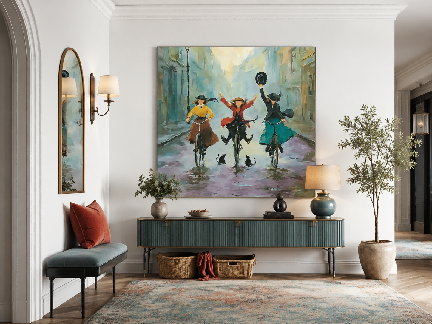 Impressionist City Life Painting Of Women Cycling In Rain With Cats