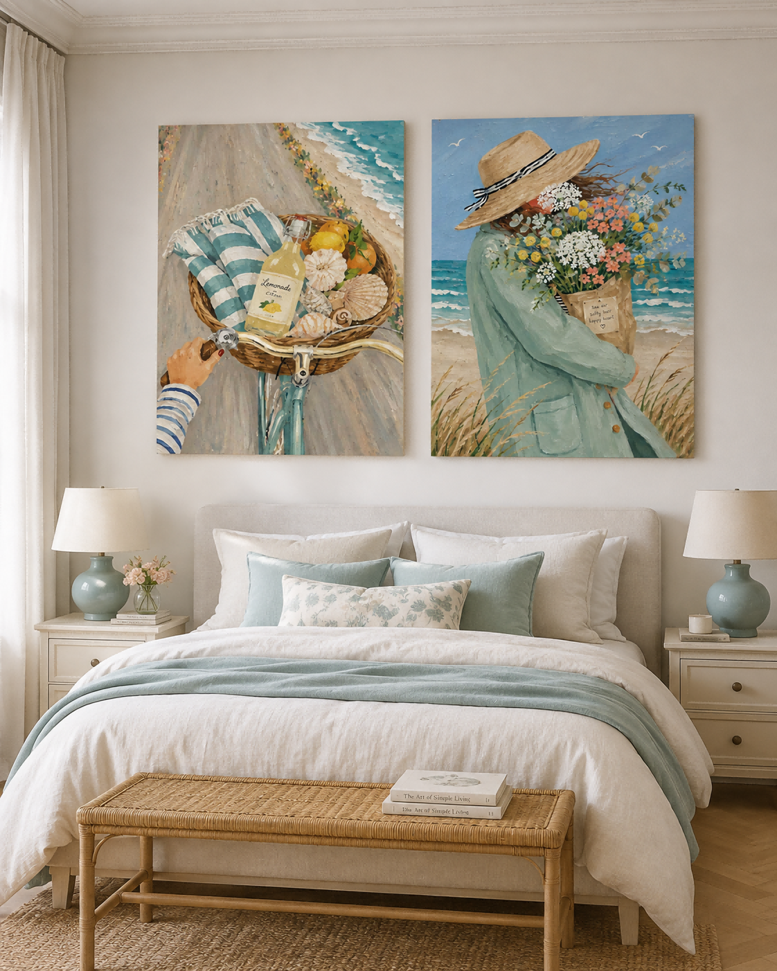 Seaside Bicycle And Flower Girl Hand-Painted Diptych Canvas Art With Blue Ocean