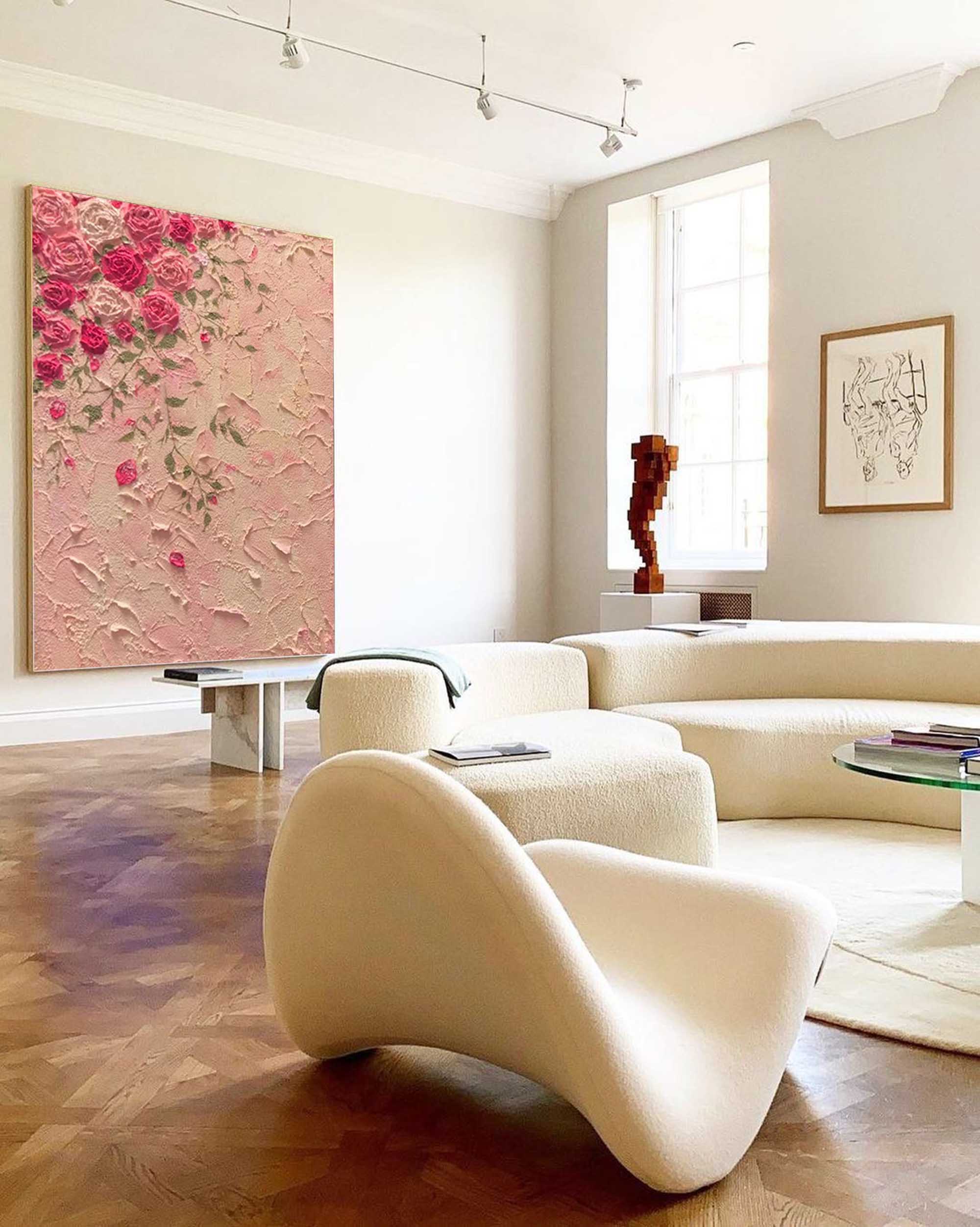 Large Texture Pink Flowers Acrylic Painting On Canvas Original Pink Flowers Wall Art Modern Minimalist Oil Painting Living Room Home Decor