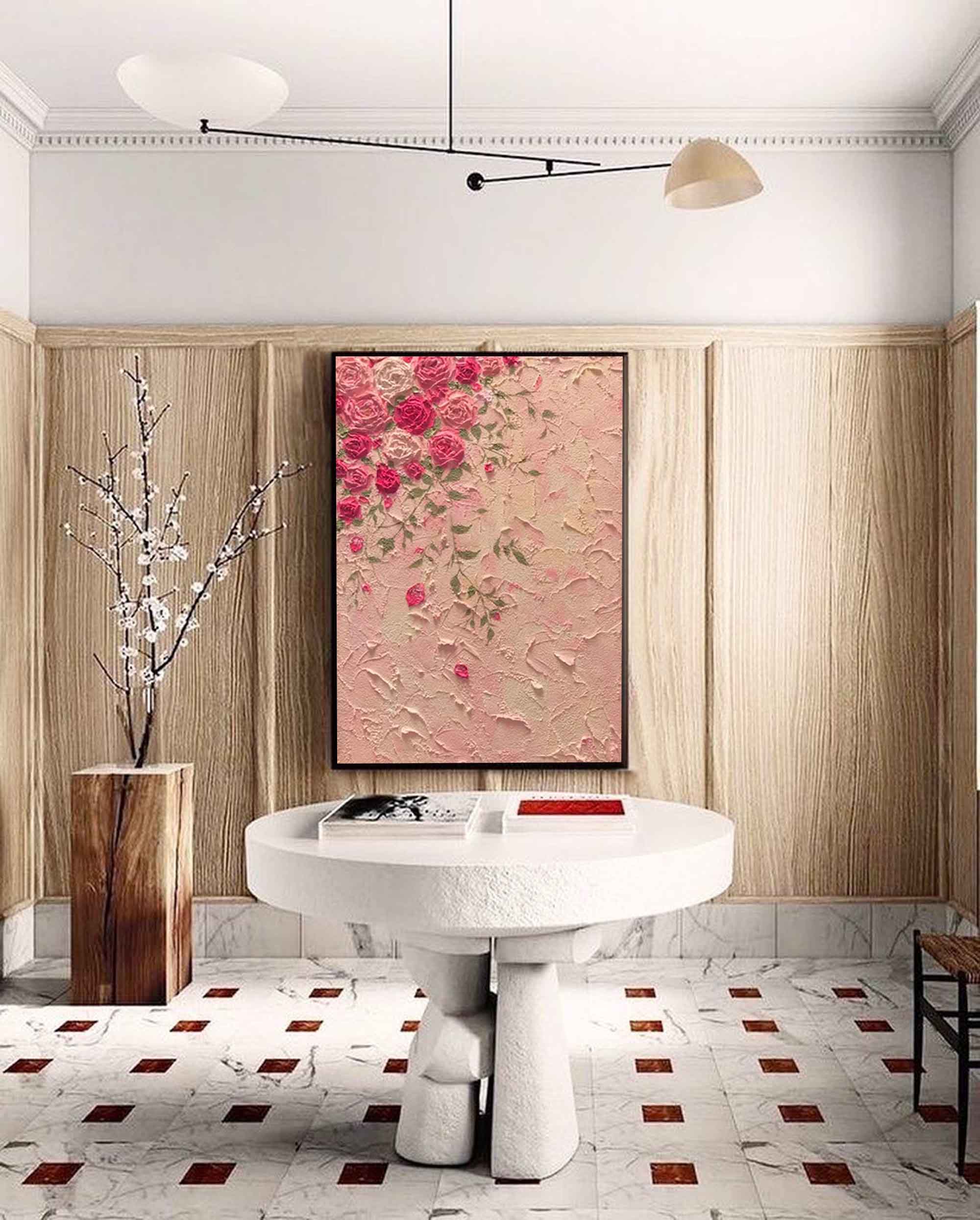 Large Texture Pink Flowers Acrylic Painting On Canvas Original Pink Flowers Wall Art Modern Minimalist Oil Painting Living Room Home Decor