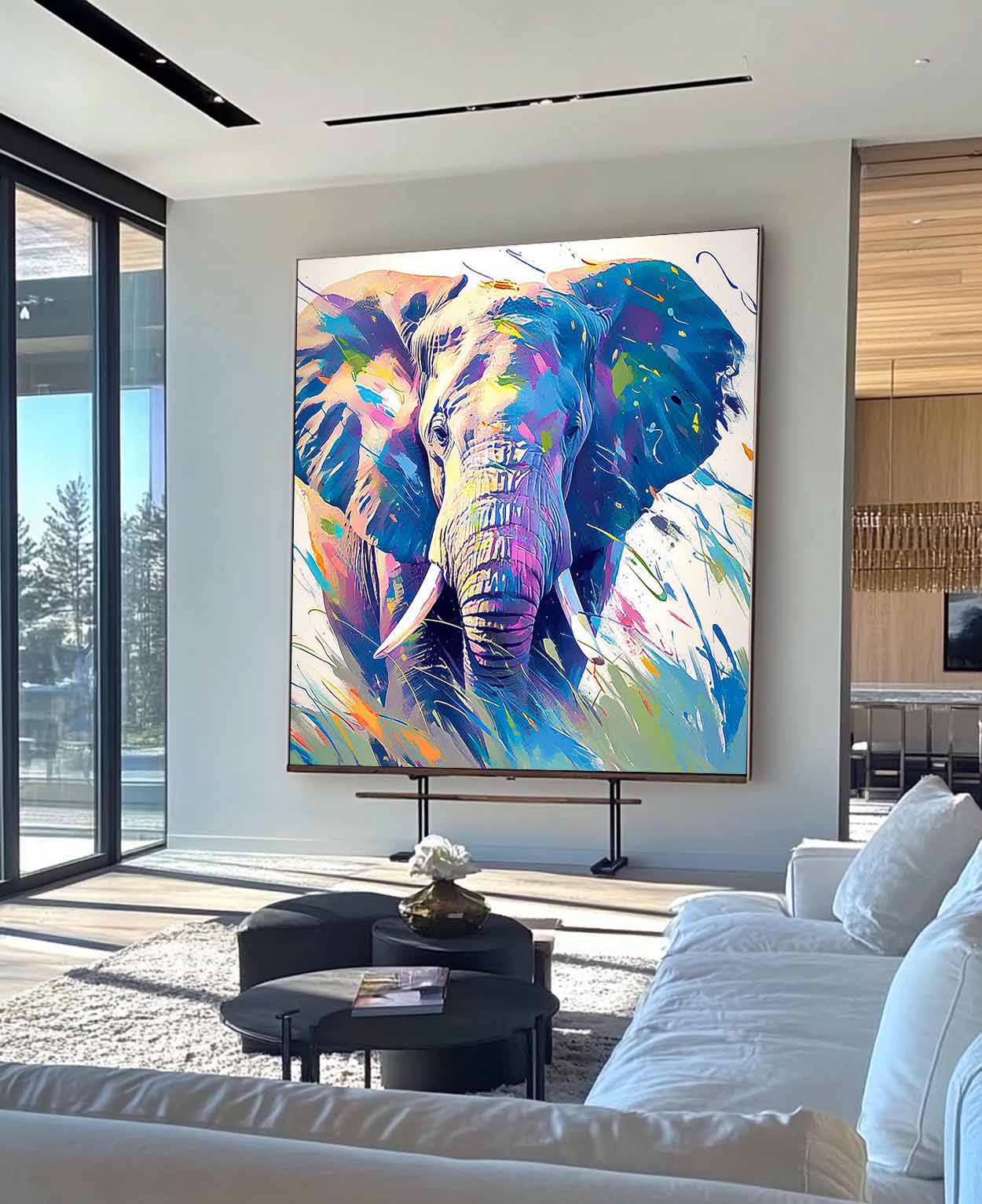 Original Lovely Elephants Wall Art Square Elephants Oil Painting Canvas Large Colorful Animal Artwork Home Decor