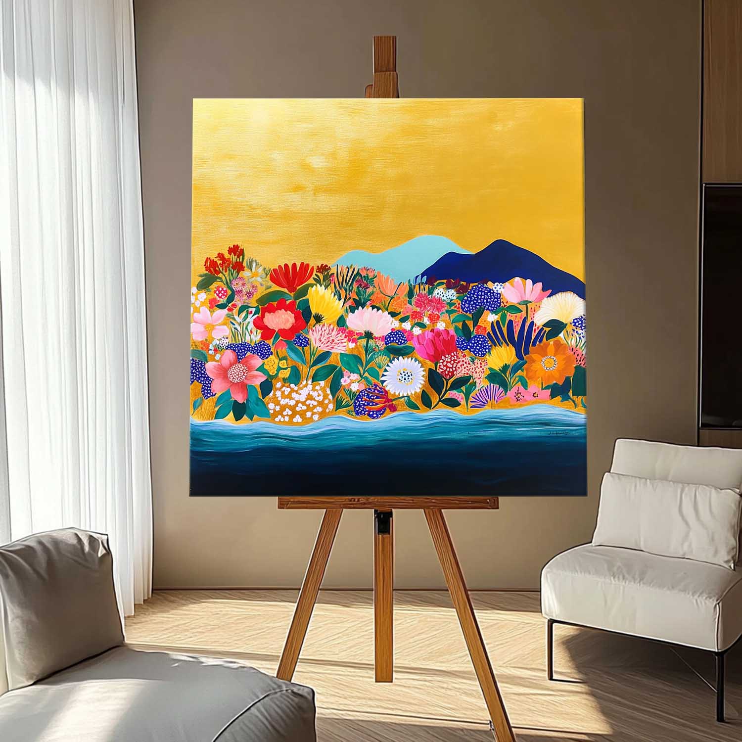 Original Flower Bush Botanical Square Artwork Floral Painting on Canvas Large Illustration style Wall Art