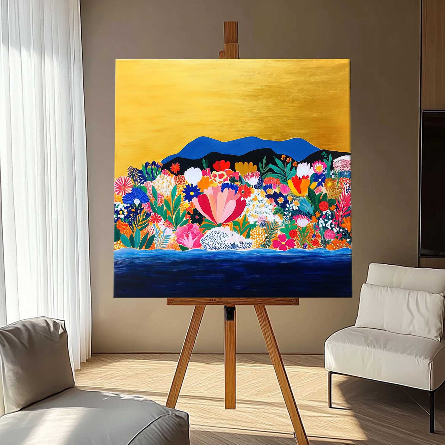 Floral Painting on Canvas Original Flower Bush Botanical Square Artwork Large Illustration style Wall Art
