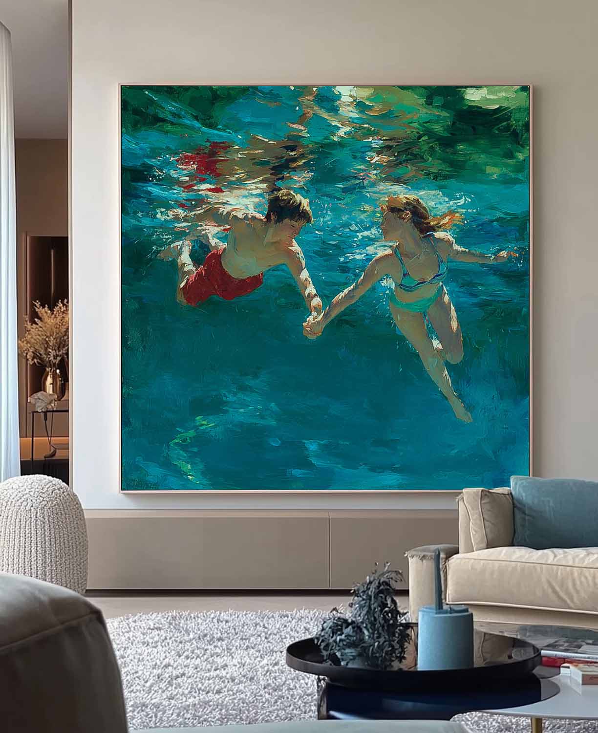 Two People Artwork Square Diving In Ocean Acrylic Painting Original swimming Wall Art For Living Room