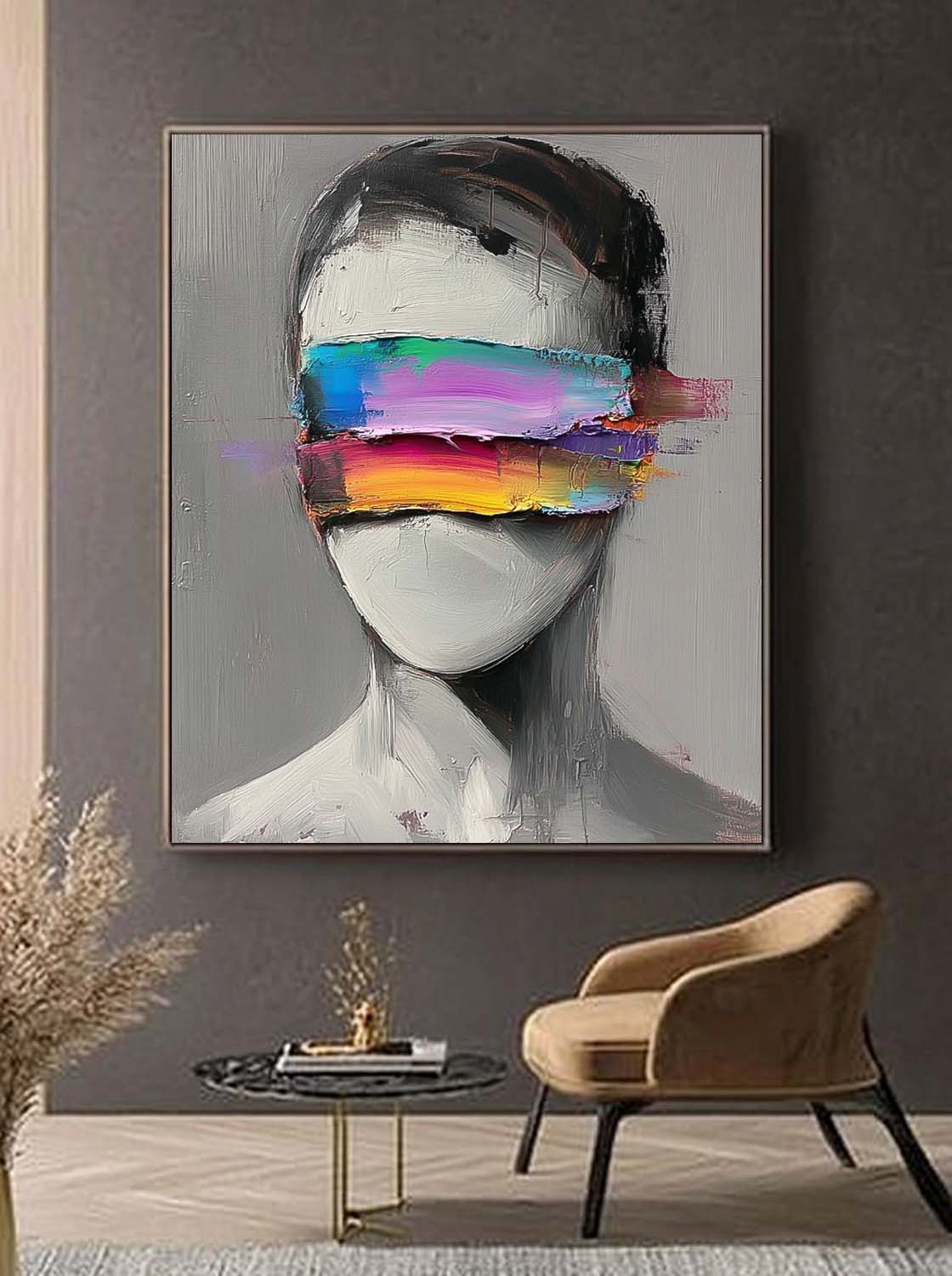 Large Grey Acrylic Painting Framed Original Faceless Portrait Contemporary Wall Art Abstract Artwork