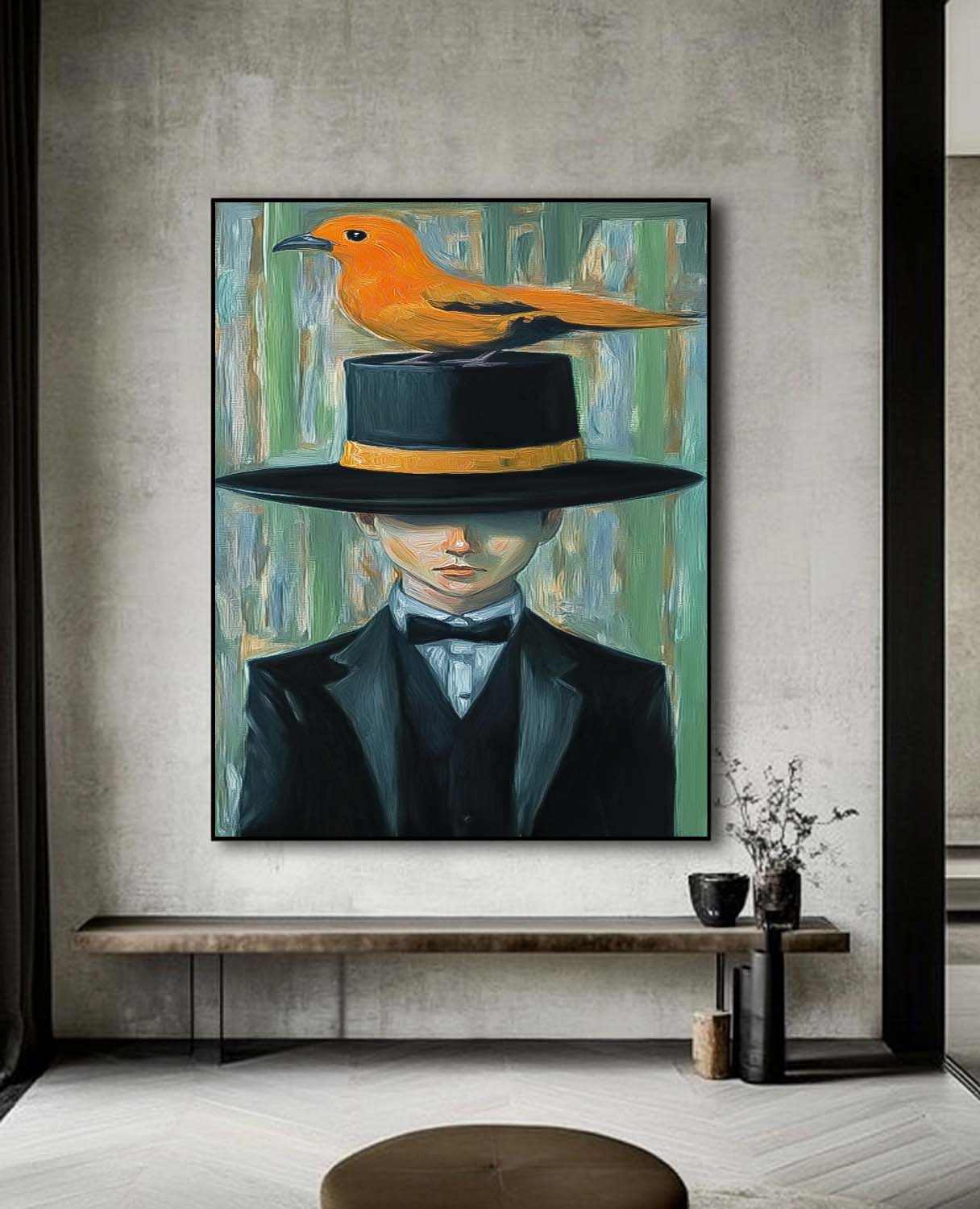 Man In A Suit With A Large Black Hat And An Orange Bird On It Wall Art Abstract Boy Oil Painting Canvas