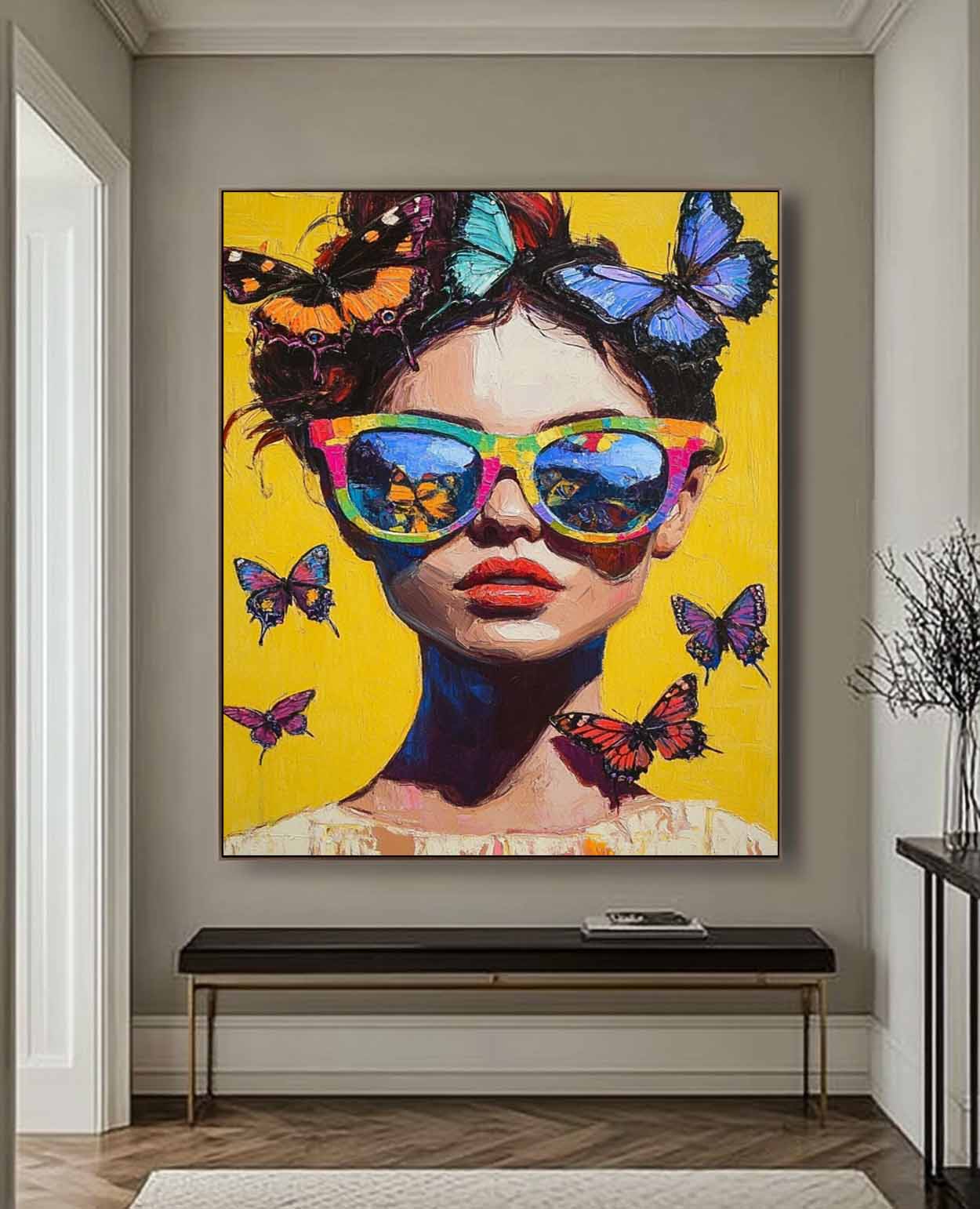 Lady Modern Artwork Abstract Butterfly Oil Painting On Canvas Vibrant Yellow Original Texture Girl Wall Art