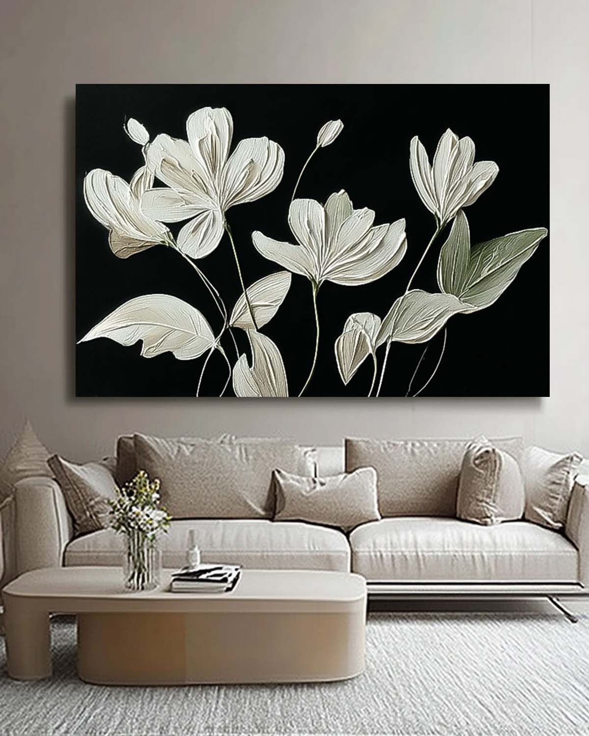 Original Black Abstract Oil Painting On Canvas Horizontal Flower Texture Artwork Home Decor Gift
