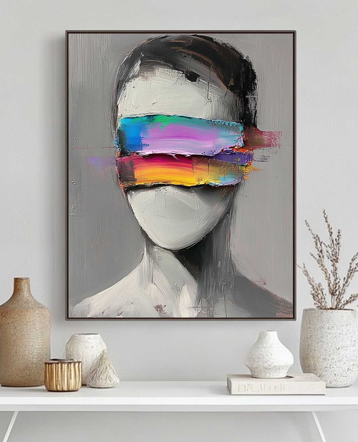 Large Grey Acrylic Painting Framed Original Faceless Portrait Contemporary Wall Art Abstract Artwork
