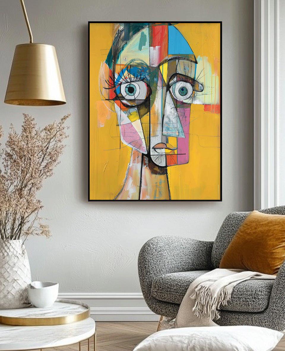 Original Bold Yellow Artwork Modern Facial Wall Art Expressive Abstract Faces Painting Home Decor
