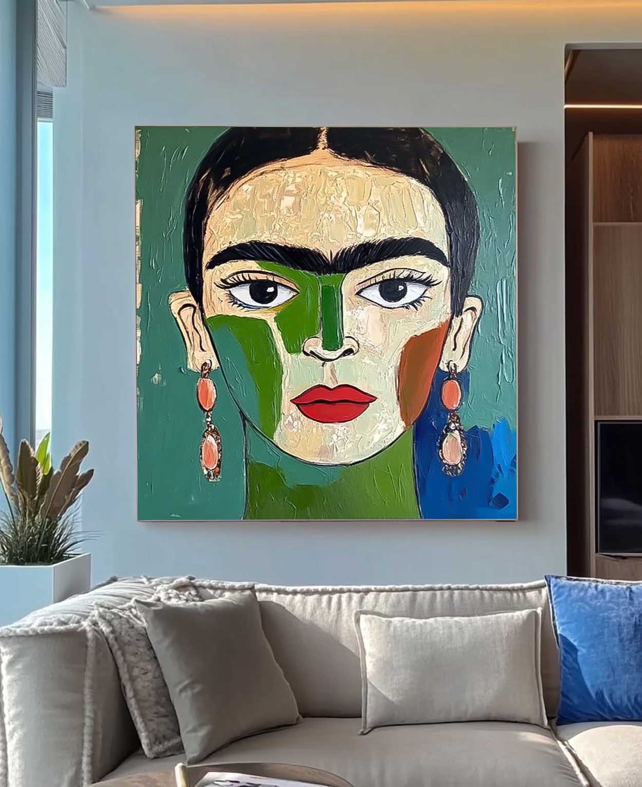 Origina Figure Acrylic Painting Canvas Green Face Abstract Wall Art Square Large Portrait Artwork