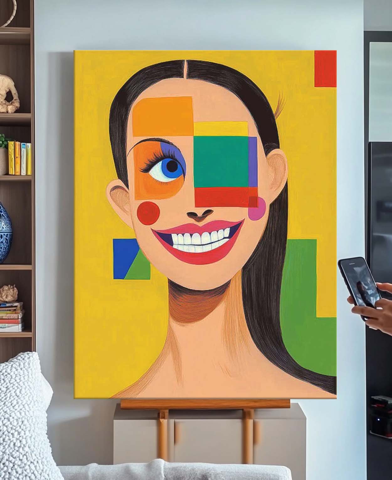 Abstract Geometric Face Oil Painting On Canvas Original Texture Girl Wall Art Lady Contemporary Artwork