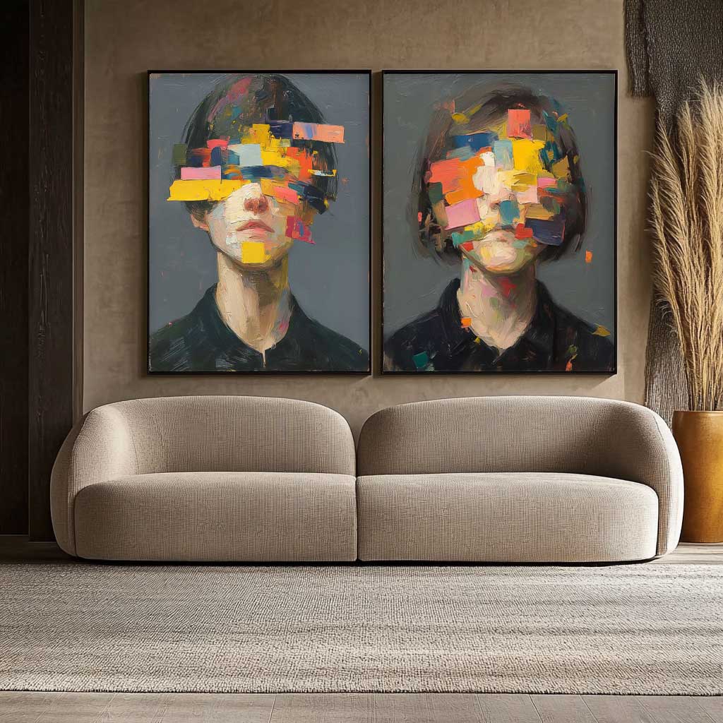 Set of 2 Large Faceless Portrait Couple Painting Abstract Painting Face Artwork Facial 3D Original Canvas Art