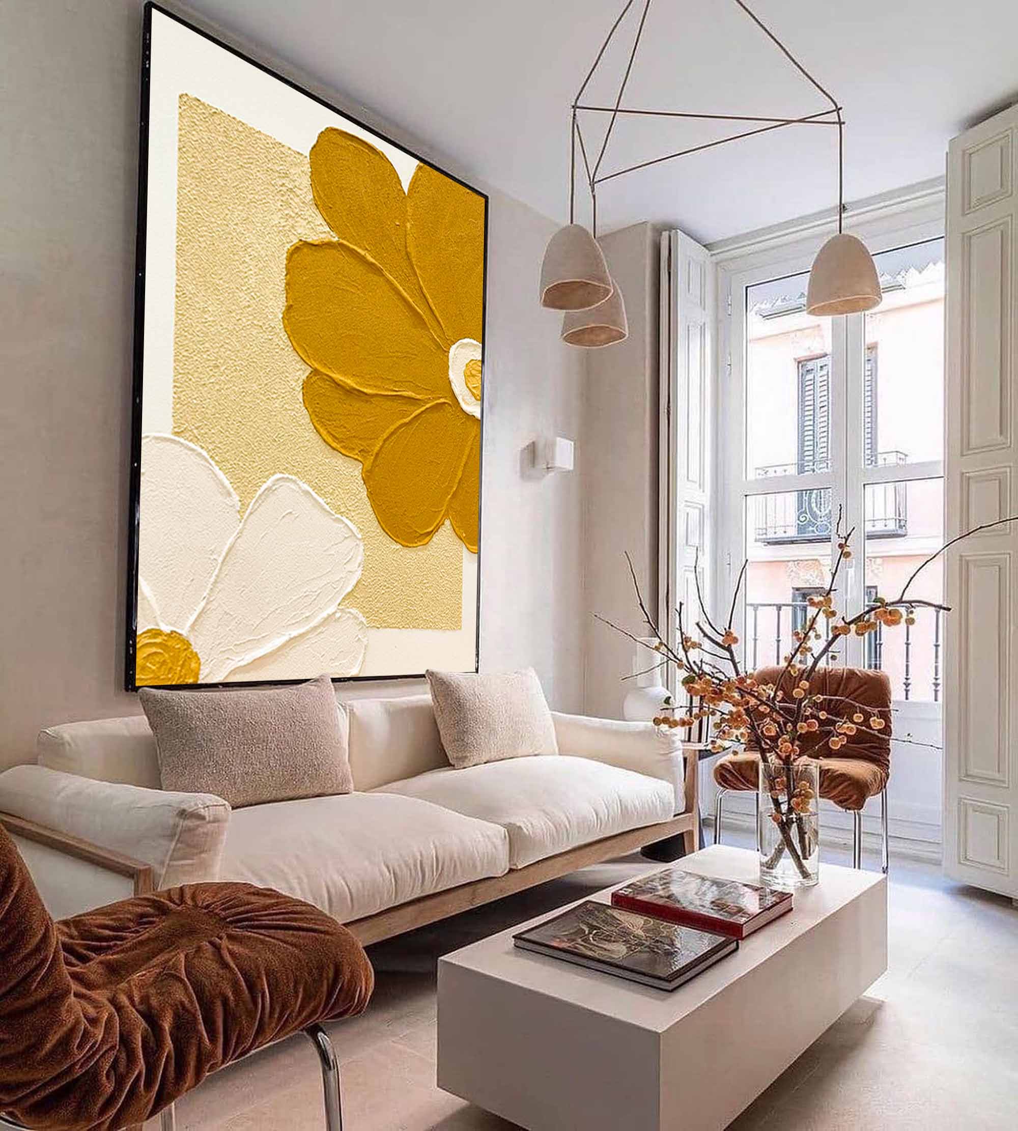 Large Texture Gold Flowers Acrylic Painting On Canvas Original Gold Flowers Wall Art Modern Minimalist Oil Painting Living Room Home Decor