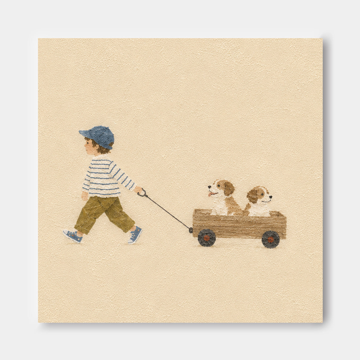 Warm Beige Kids Room Wall Art Boy And Dogs Original Painting